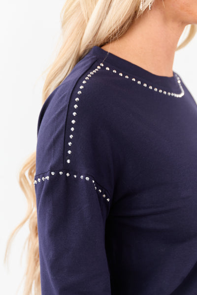 Navy Rhinestone Stud Detail Knit Long Sleeve Top
