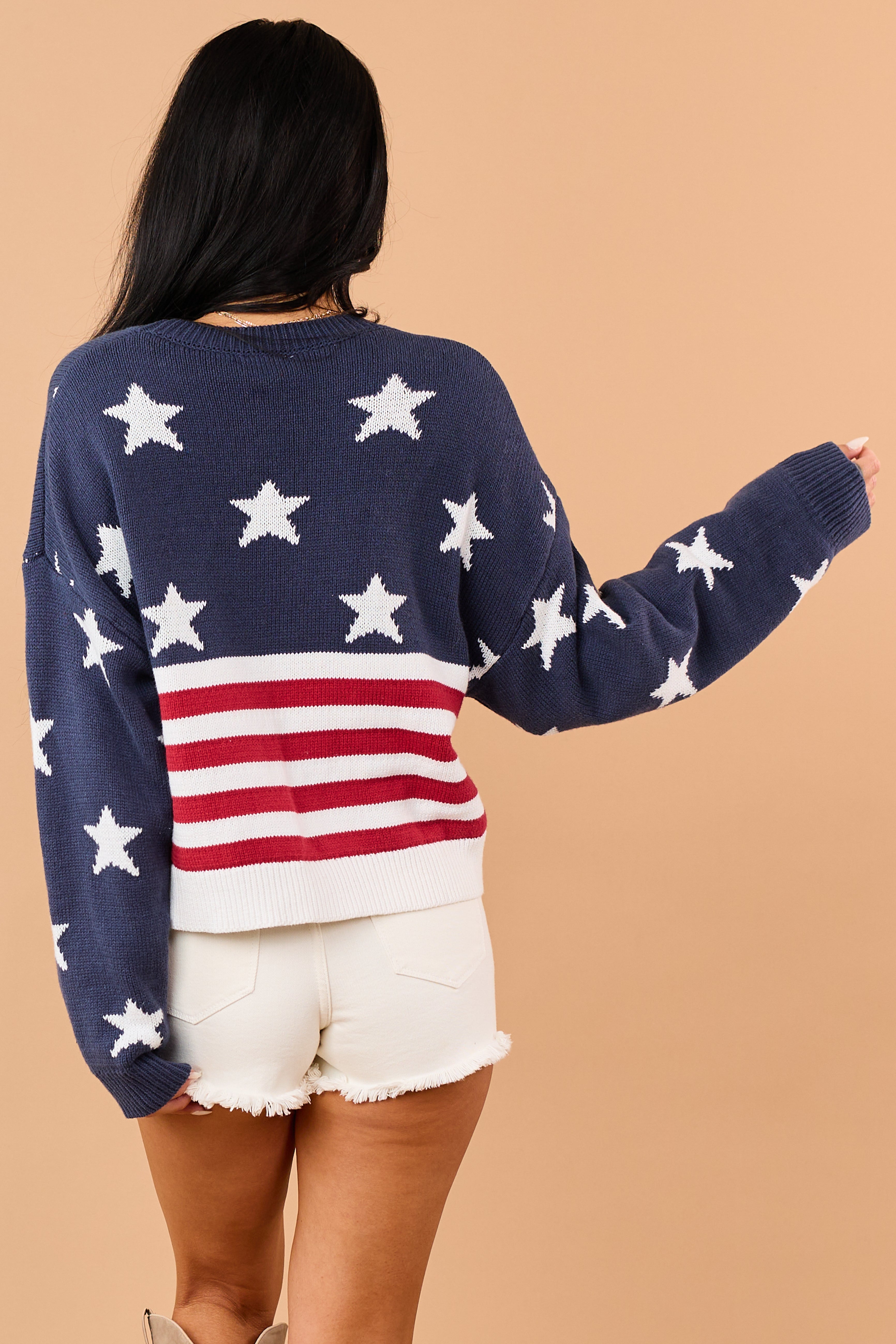 Navy Rib Knit American Flag Long Sleeve Sweater