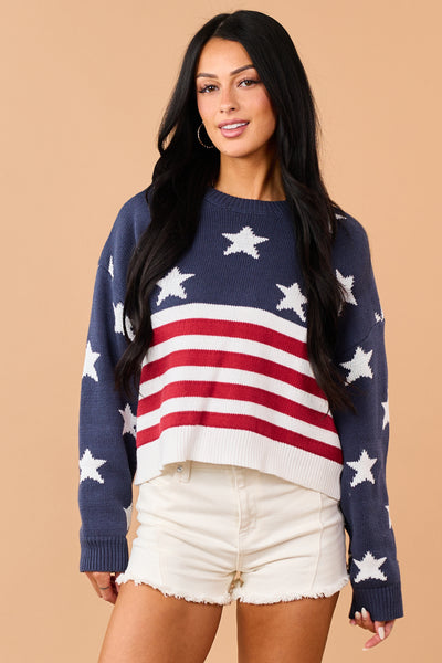 Navy Rib Knit American Flag Long Sleeve Sweater | Lime Lush Boutique