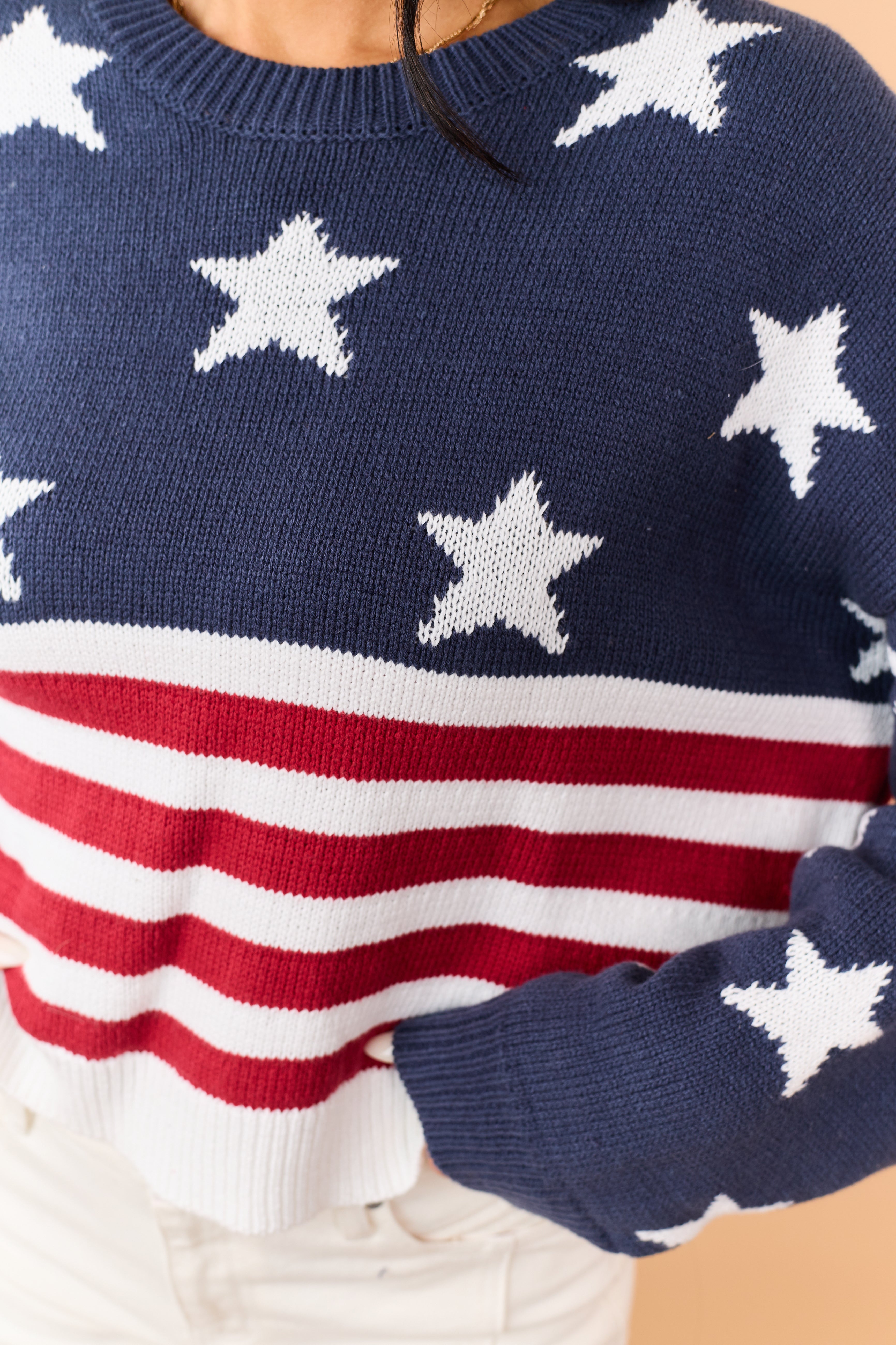 Navy Rib Knit American Flag Long Sleeve Sweater | Lime Lush Boutique