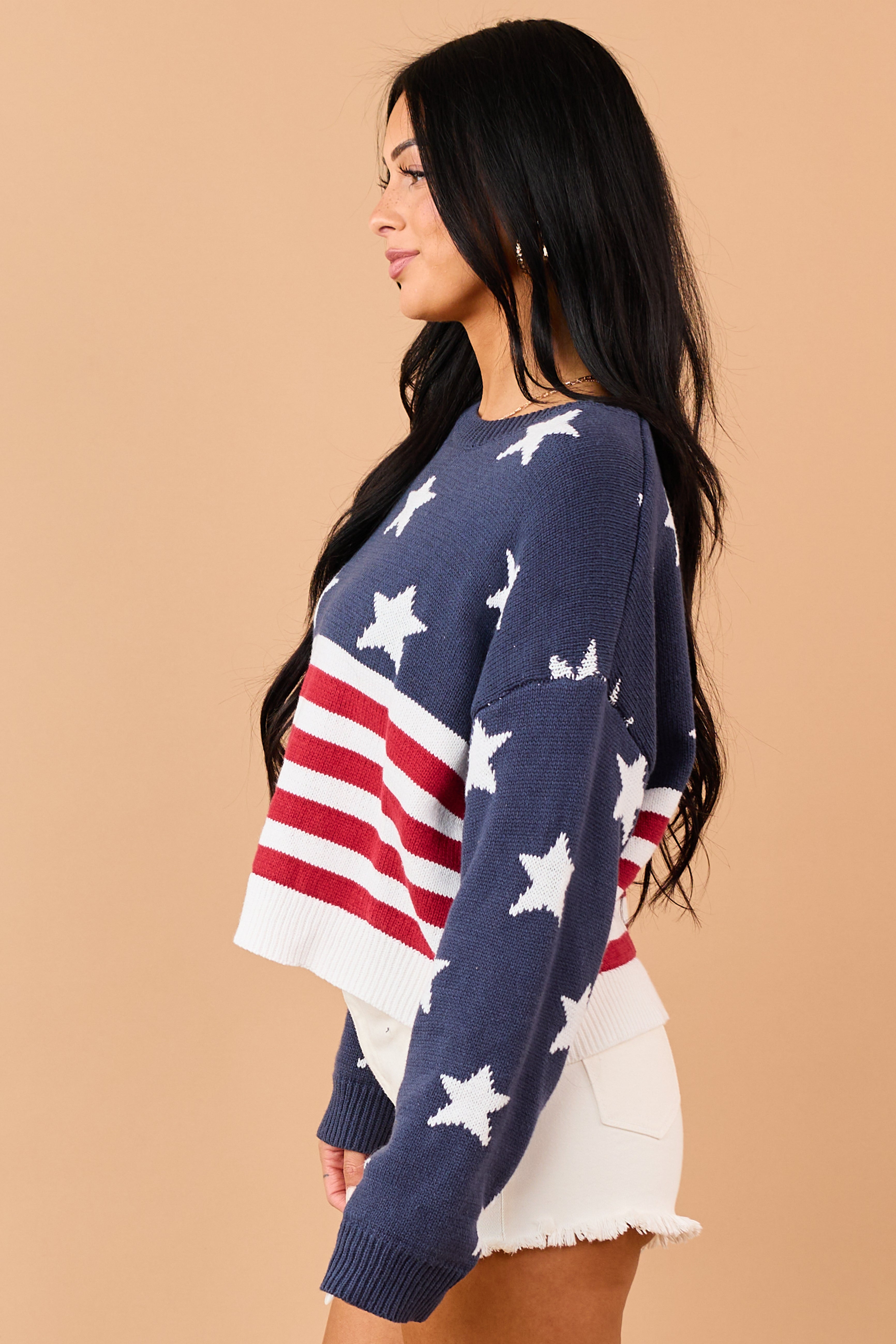 Navy Rib Knit American Flag Long Sleeve Sweater