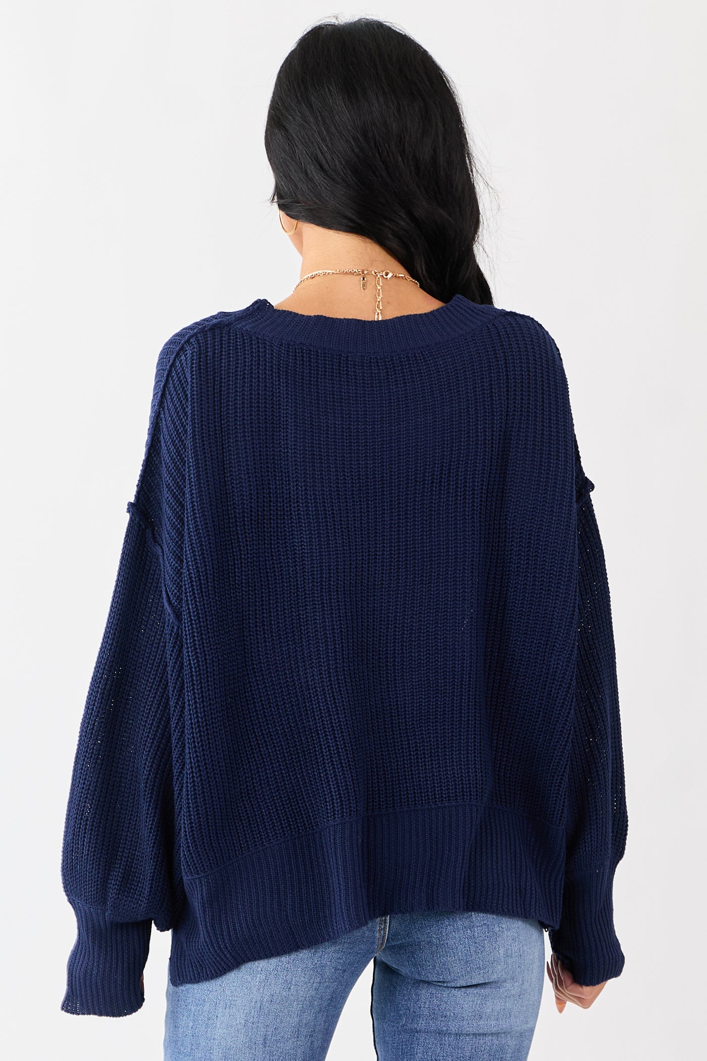 Navy Rib Knit High-Low Hem Balloon Sleeve Sweater