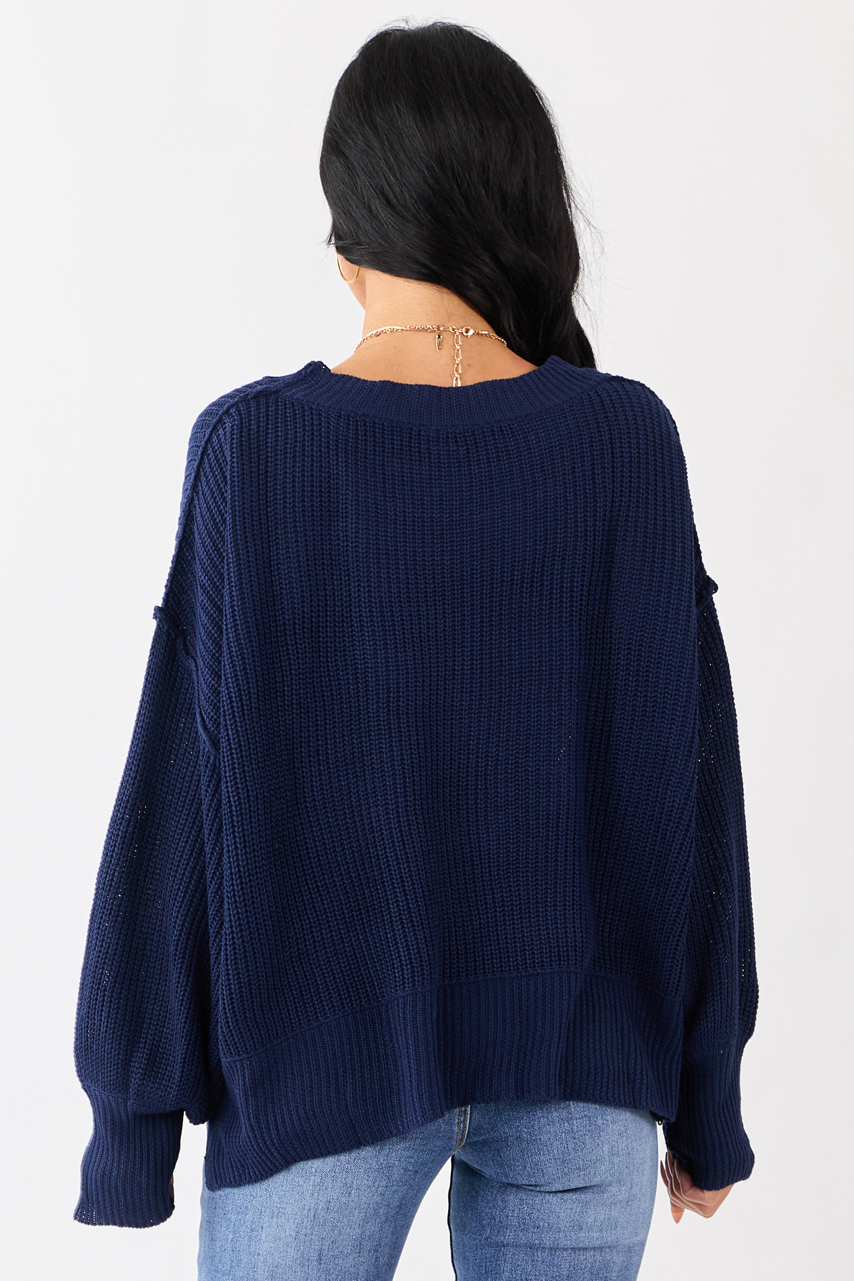 Navy Rib Knit High-Low Hem Balloon Sleeve Sweater