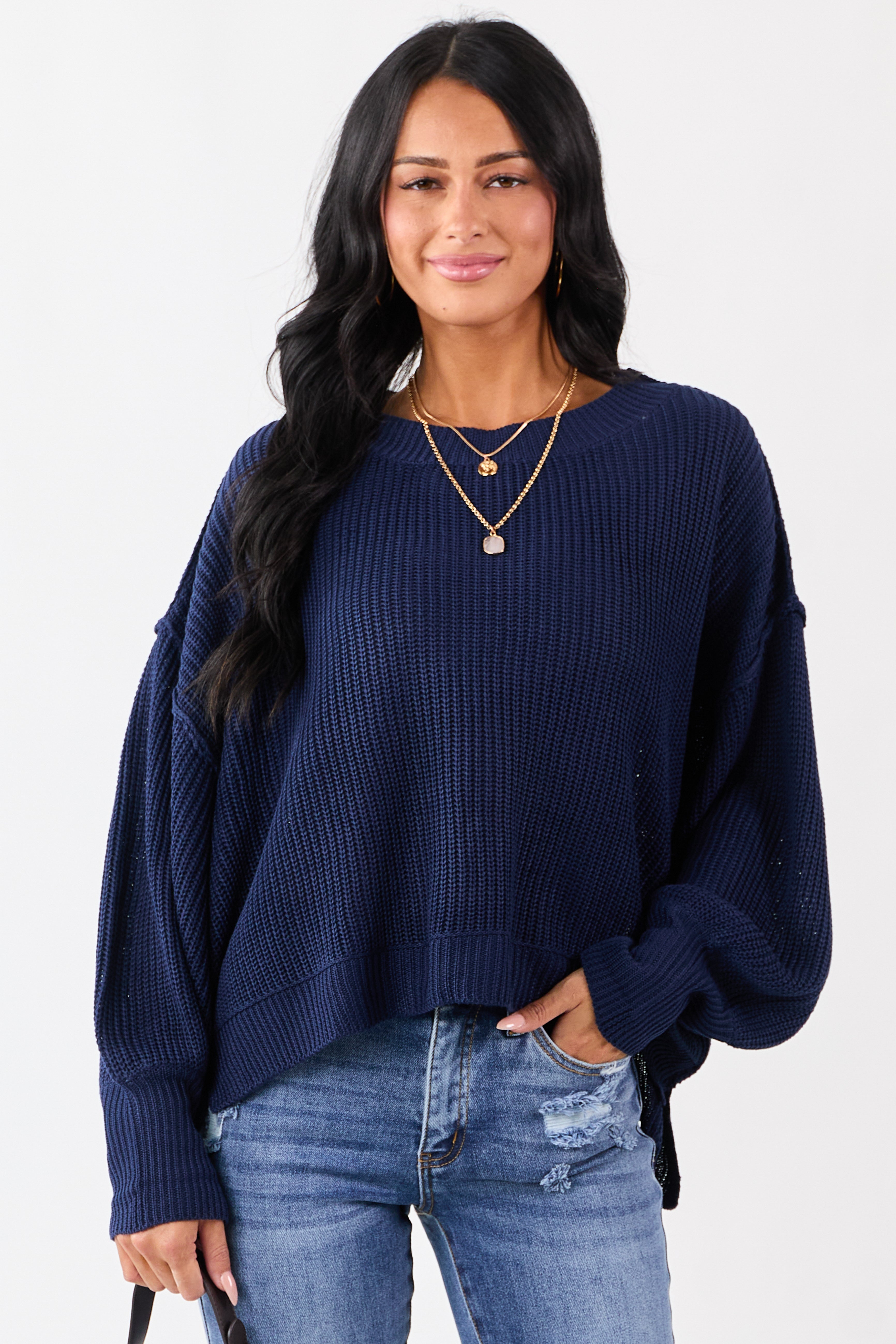 Navy Rib Knit High-Low Hem Balloon Sleeve Sweater