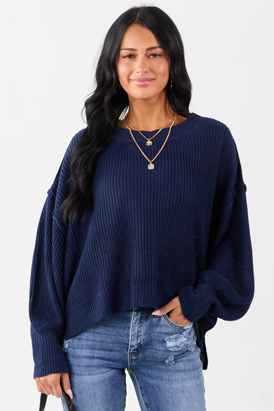 Navy Rib Knit High-Low Hem Balloon Sleeve Sweater
