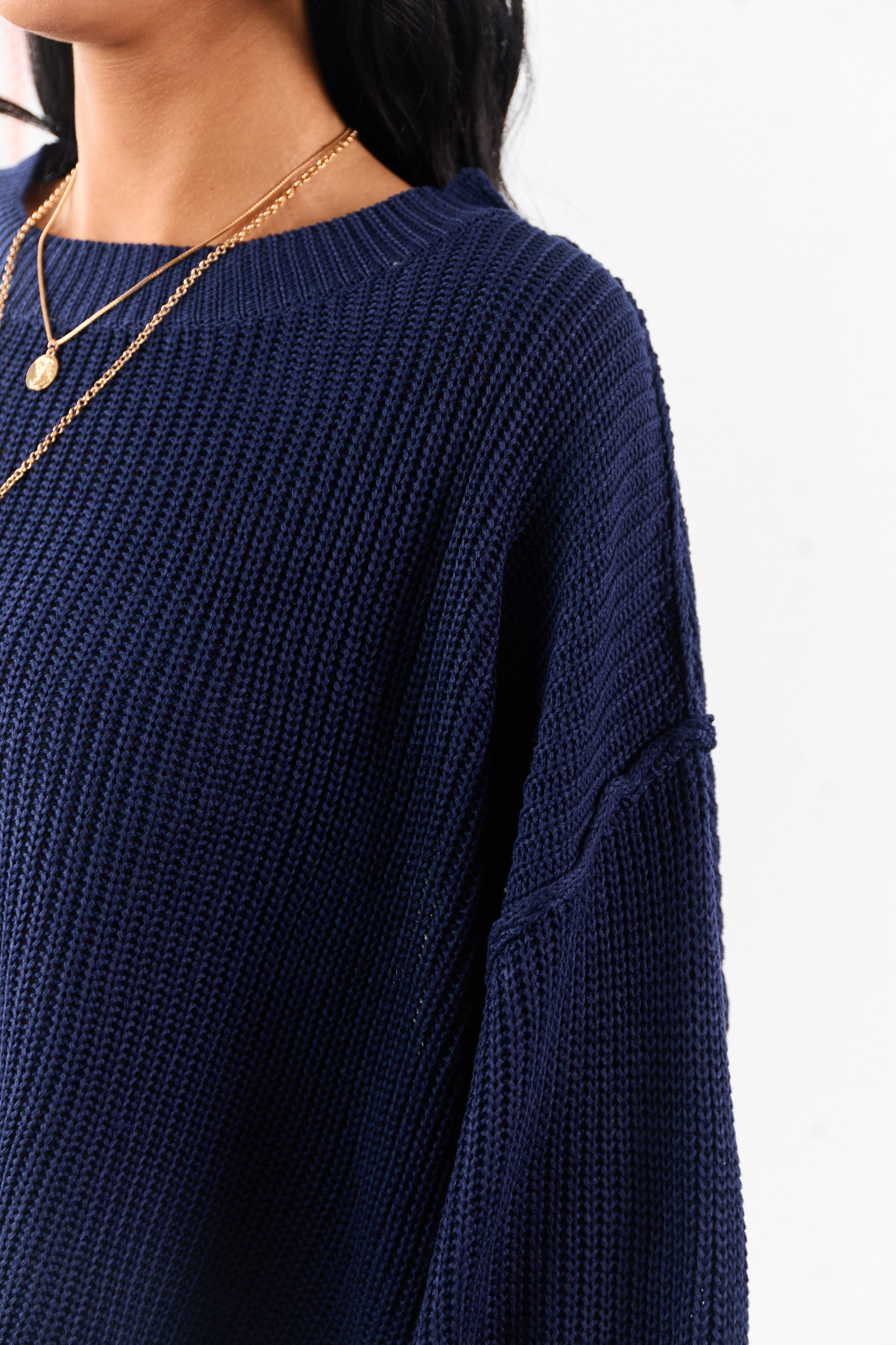 Navy Rib Knit High-Low Hem Balloon Sleeve Sweater