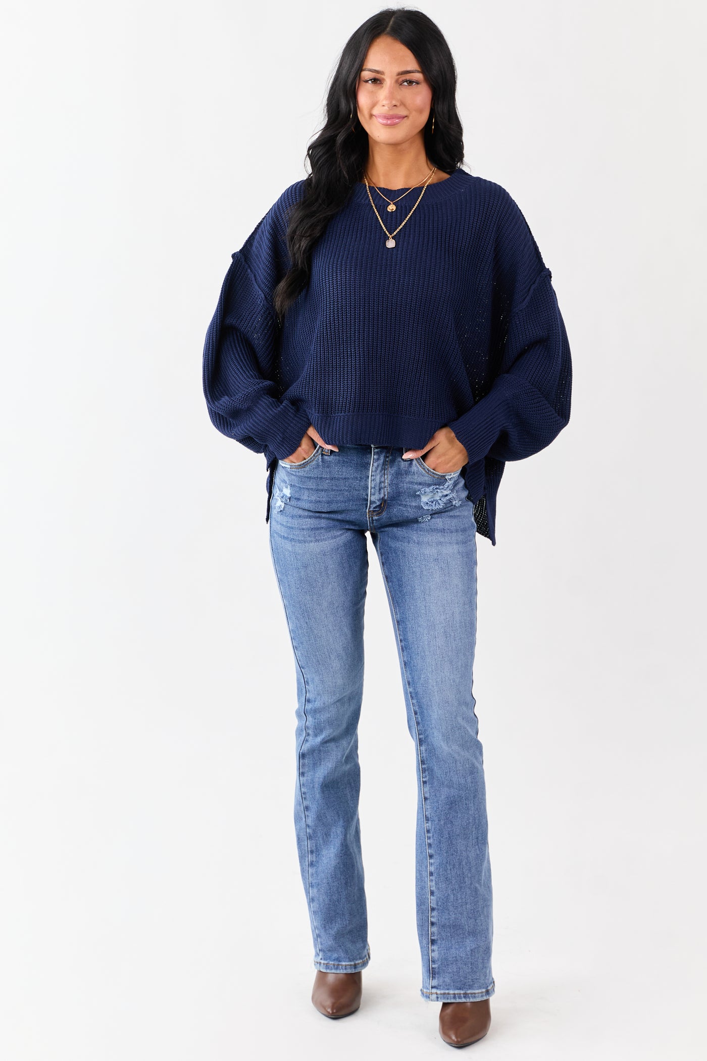 Navy Rib Knit High-Low Hem Balloon Sleeve Sweater