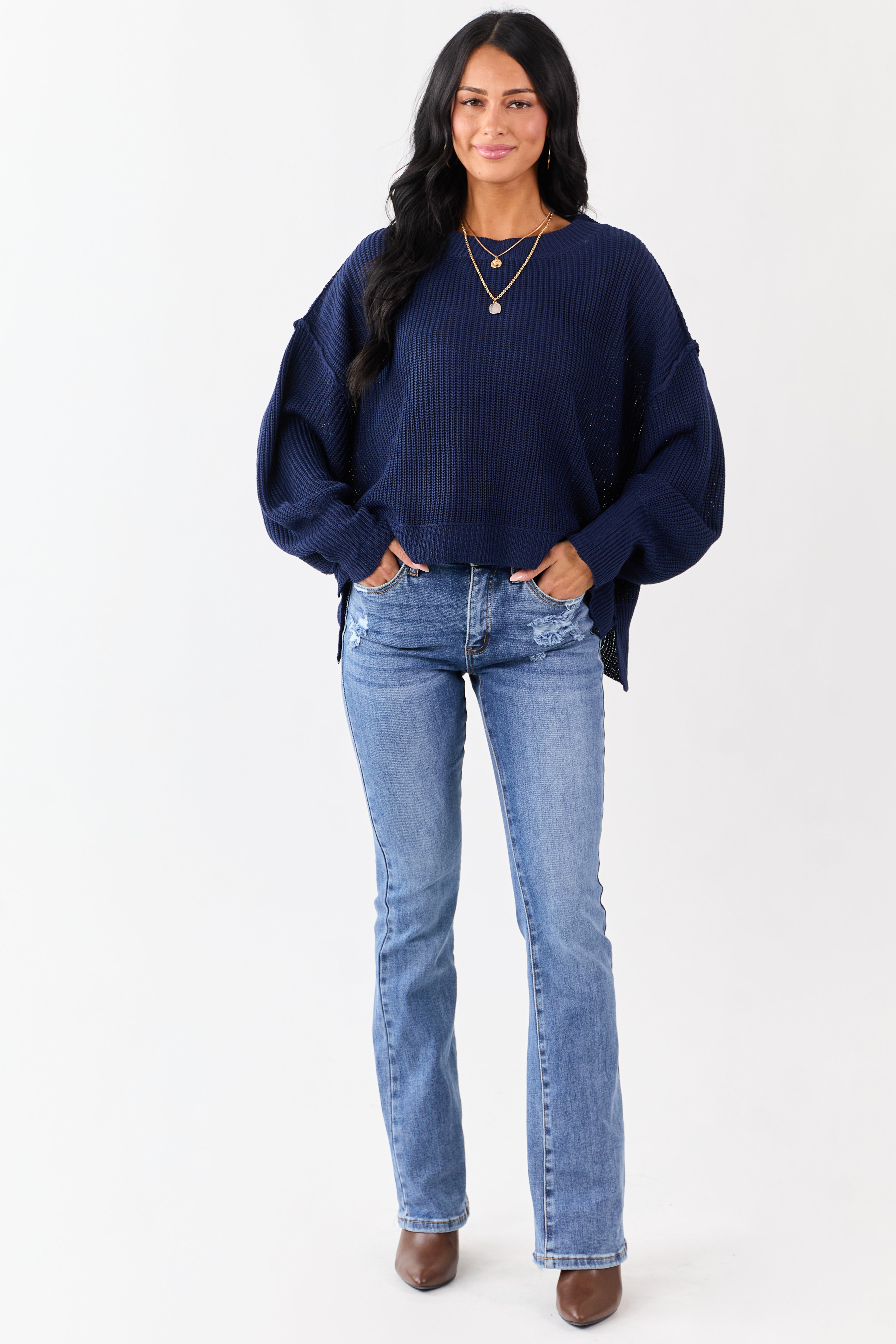 Navy Rib Knit High-Low Hem Balloon Sleeve Sweater
