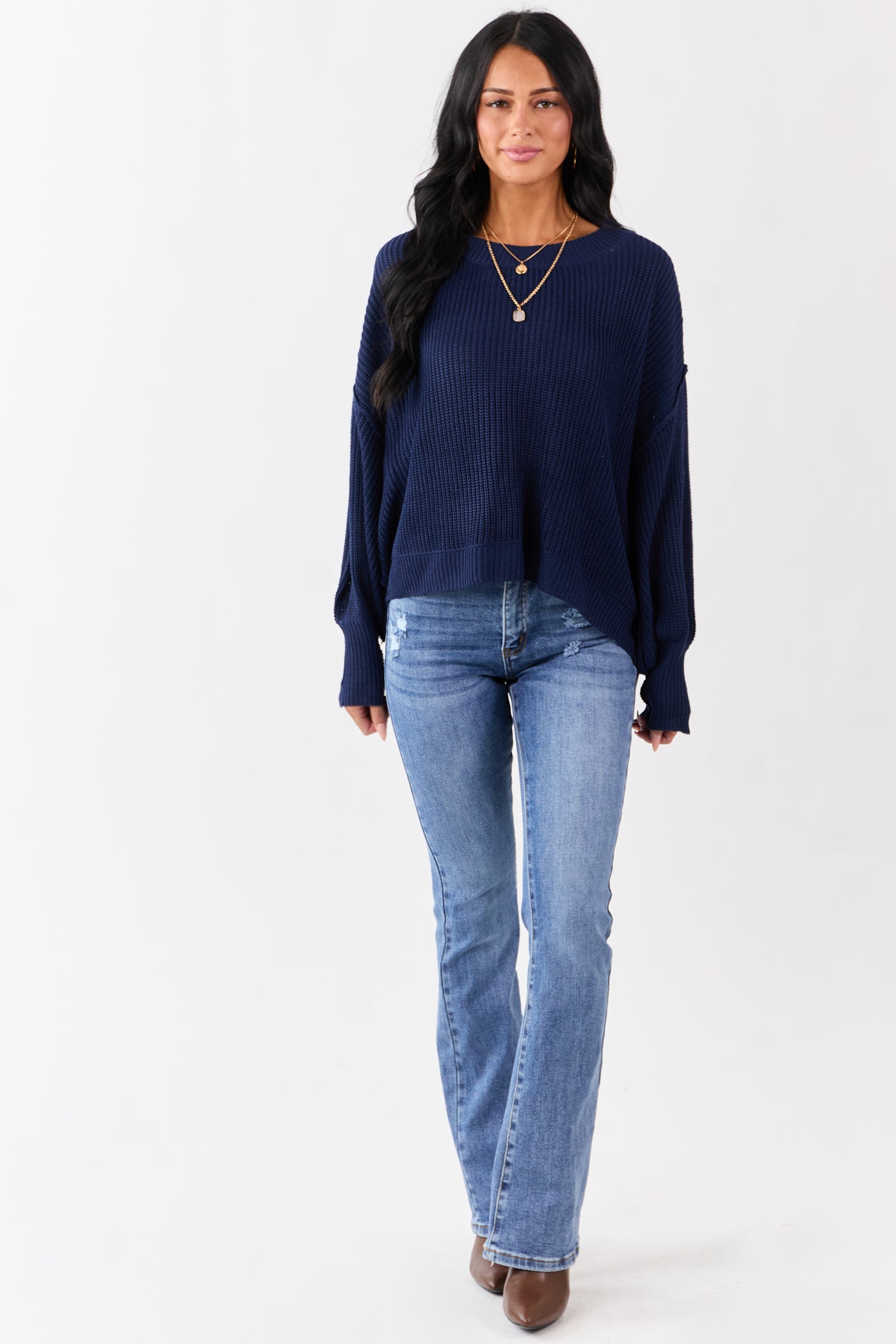 Navy Rib Knit High-Low Hem Balloon Sleeve Sweater