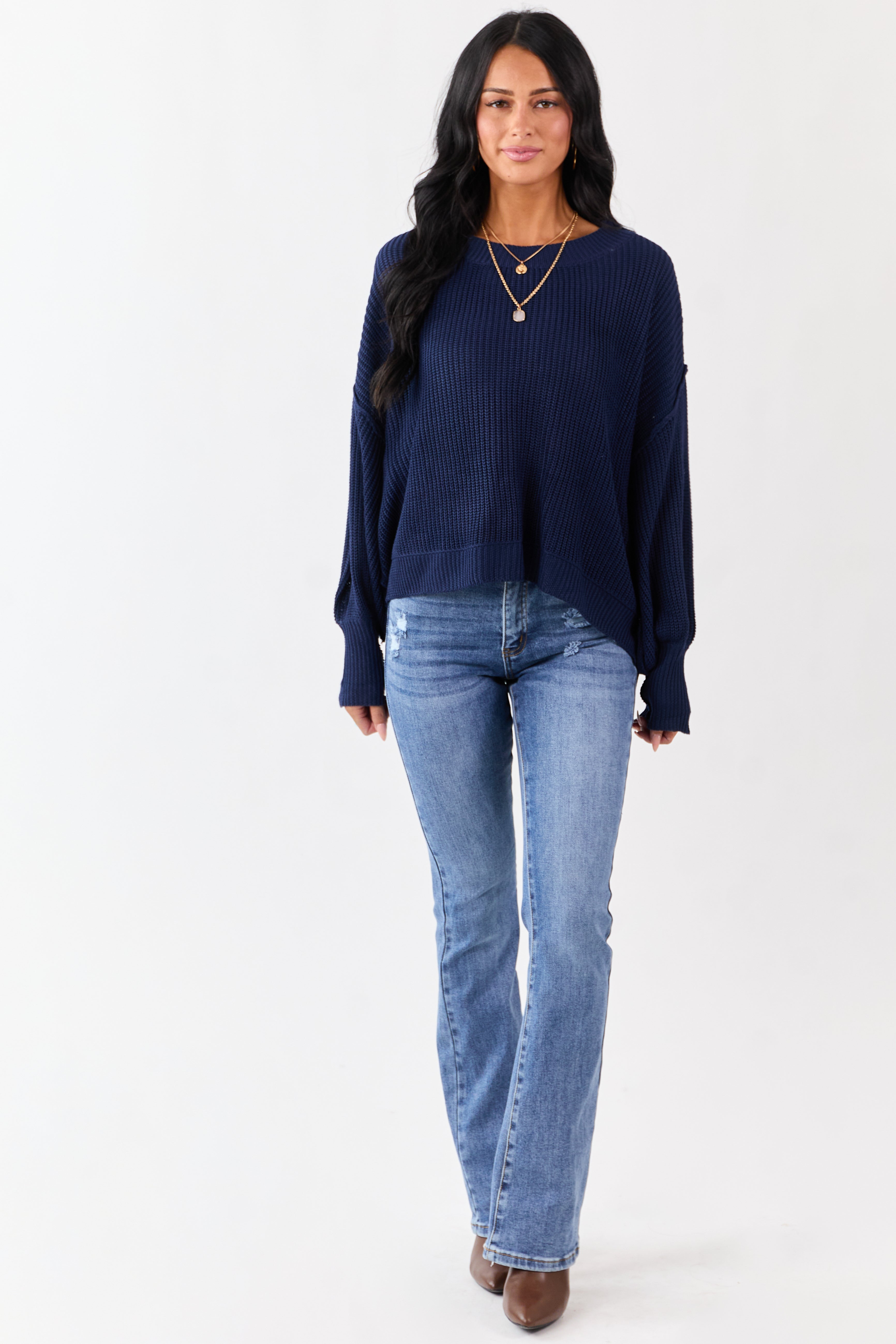 Navy Rib Knit High-Low Hem Balloon Sleeve Sweater