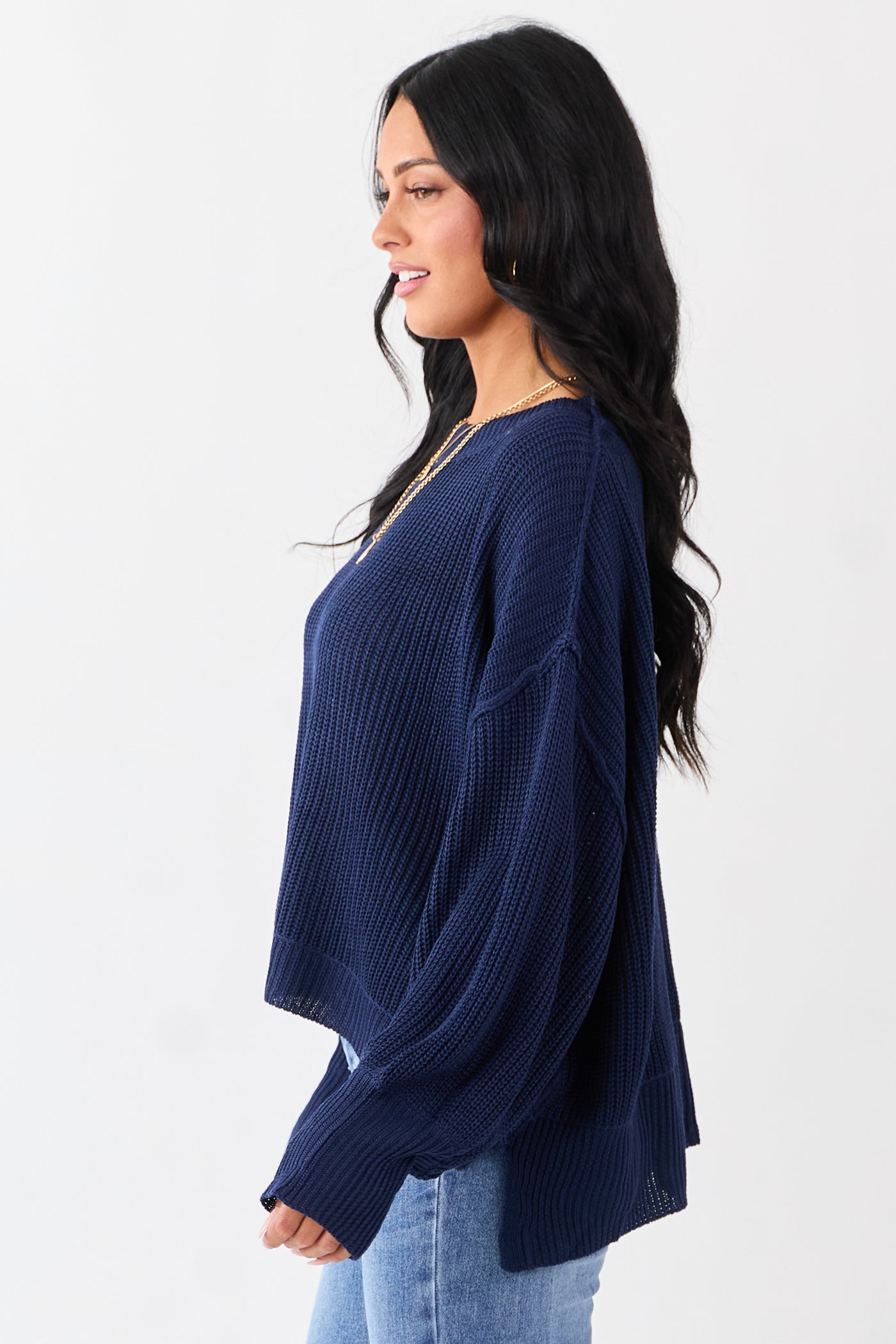 Navy Rib Knit High-Low Hem Balloon Sleeve Sweater