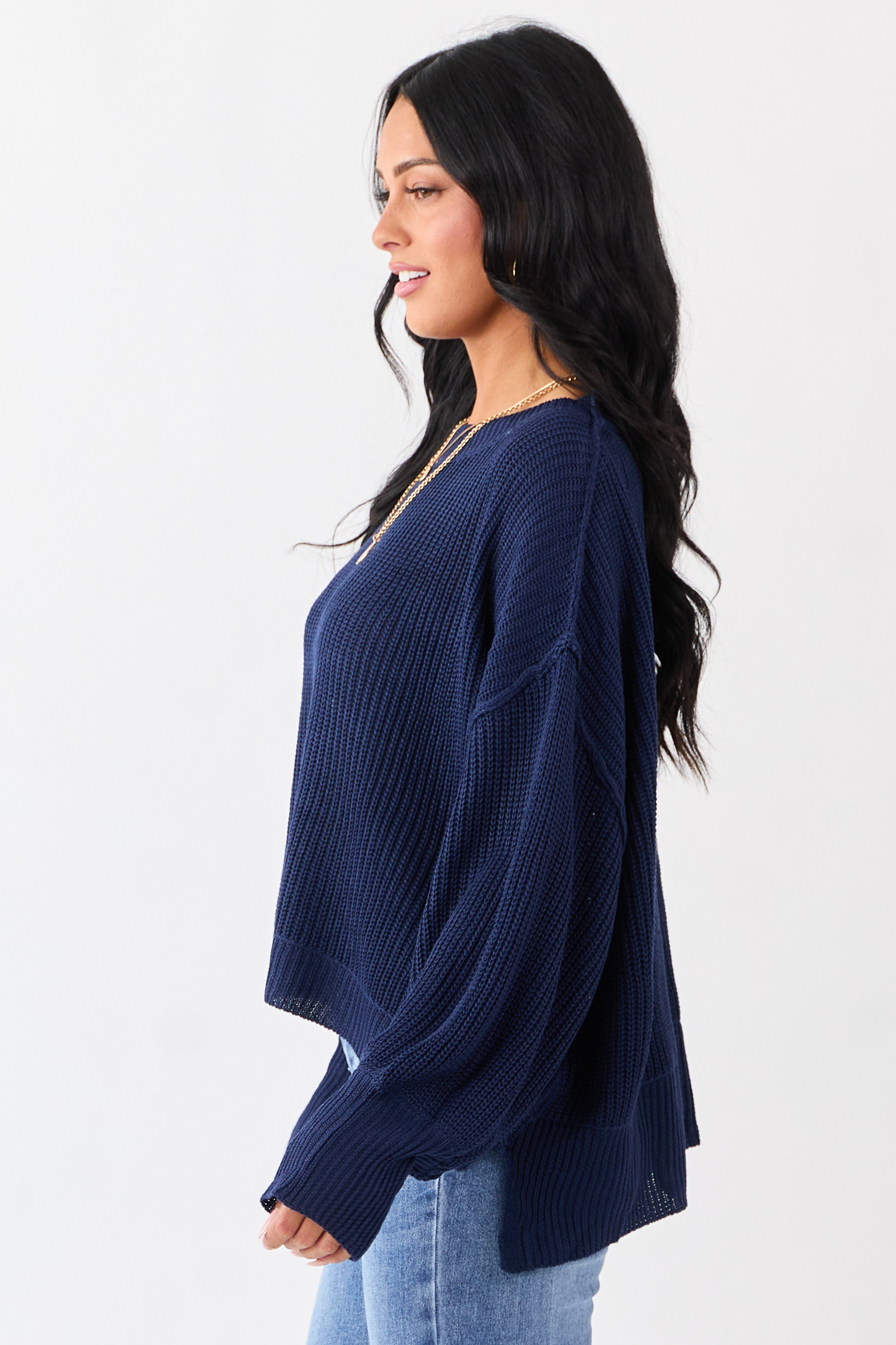 Navy Rib Knit High-Low Hem Balloon Sleeve Sweater