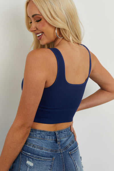 Navy Ribbed Knit Square Neck Padded Brami