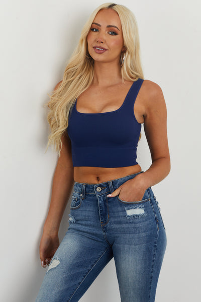 Navy Ribbed Knit Square Neck Padded Brami