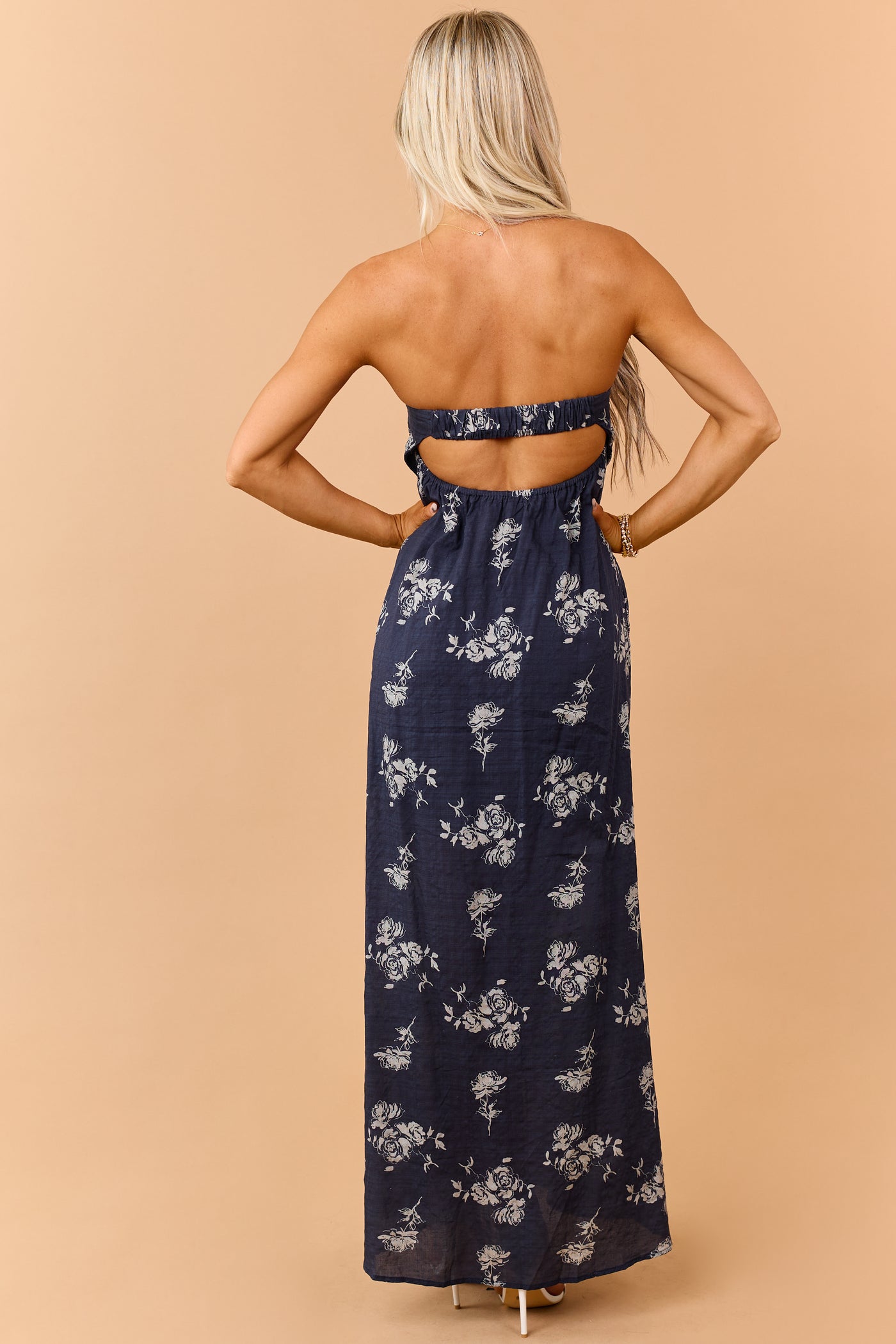 strapless maxi dress pattern Navy Rose Print Twist Bust Strapless Maxi Dress