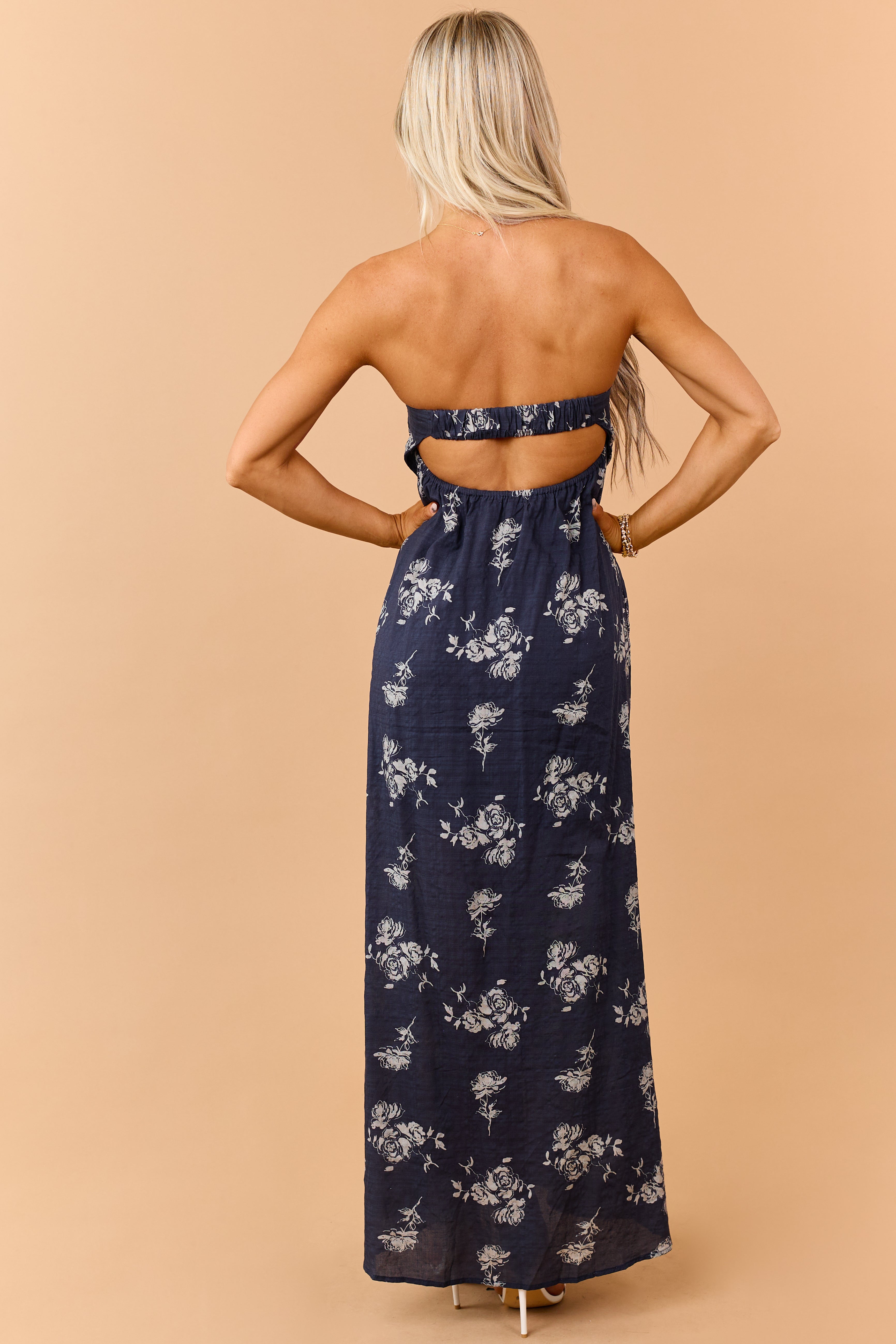 Navy Rose Print Twist Bust Strapless Maxi Dress