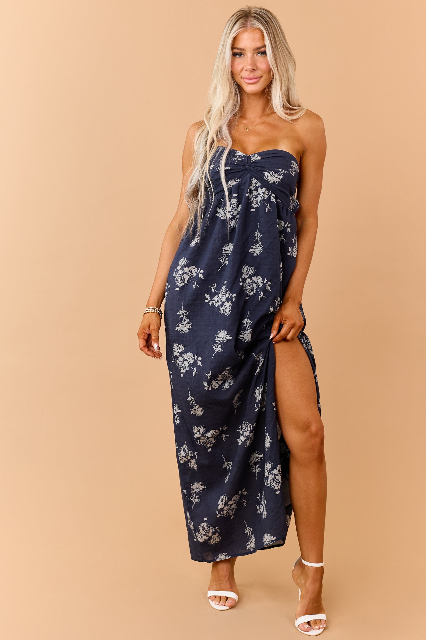 Navy Rose Print Twist Bust Strapless Maxi Dress