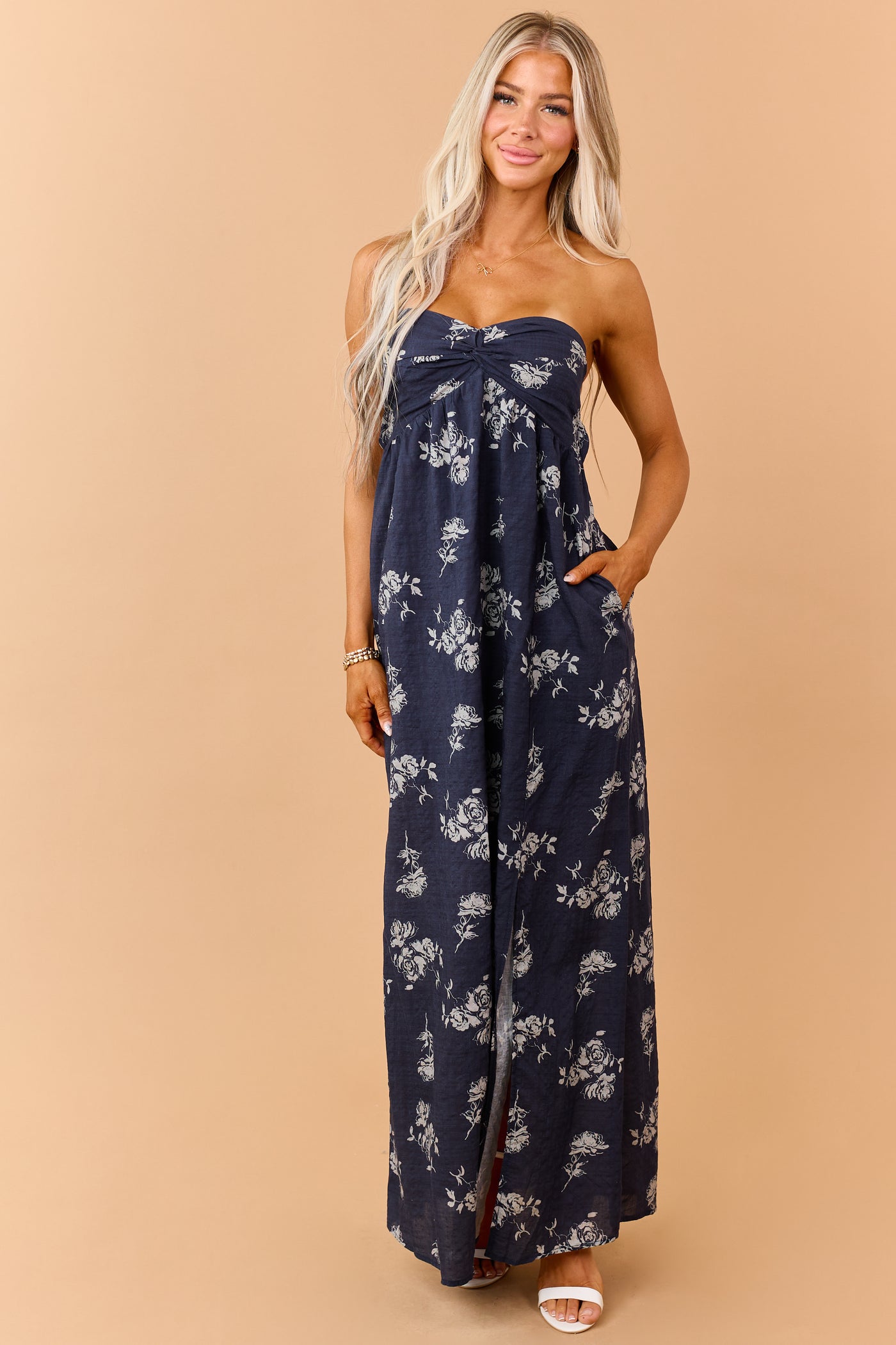 Navy Rose Print Twist Bust Strapless Maxi Dress