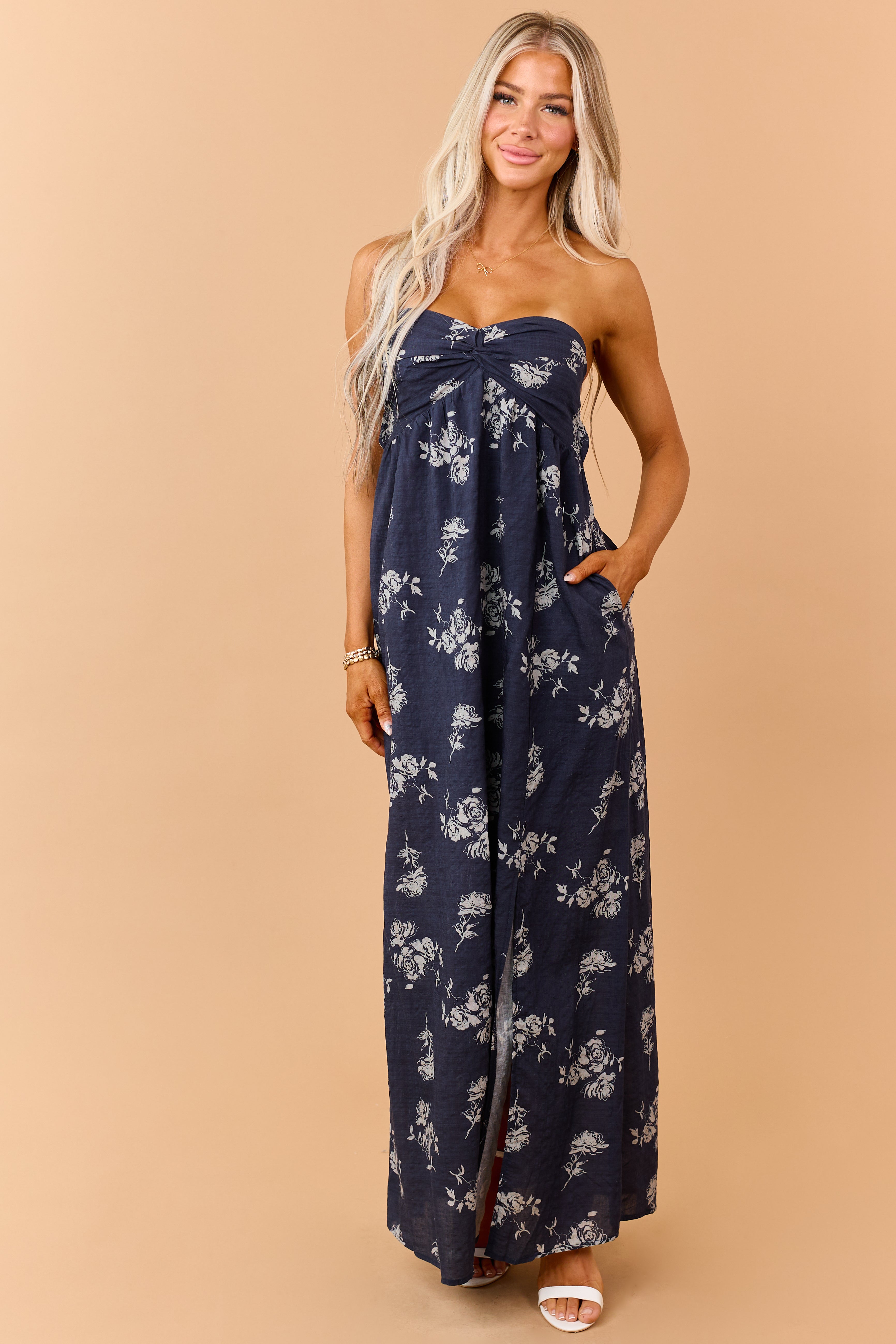 Navy Rose Print Twist Bust Strapless Maxi Dress