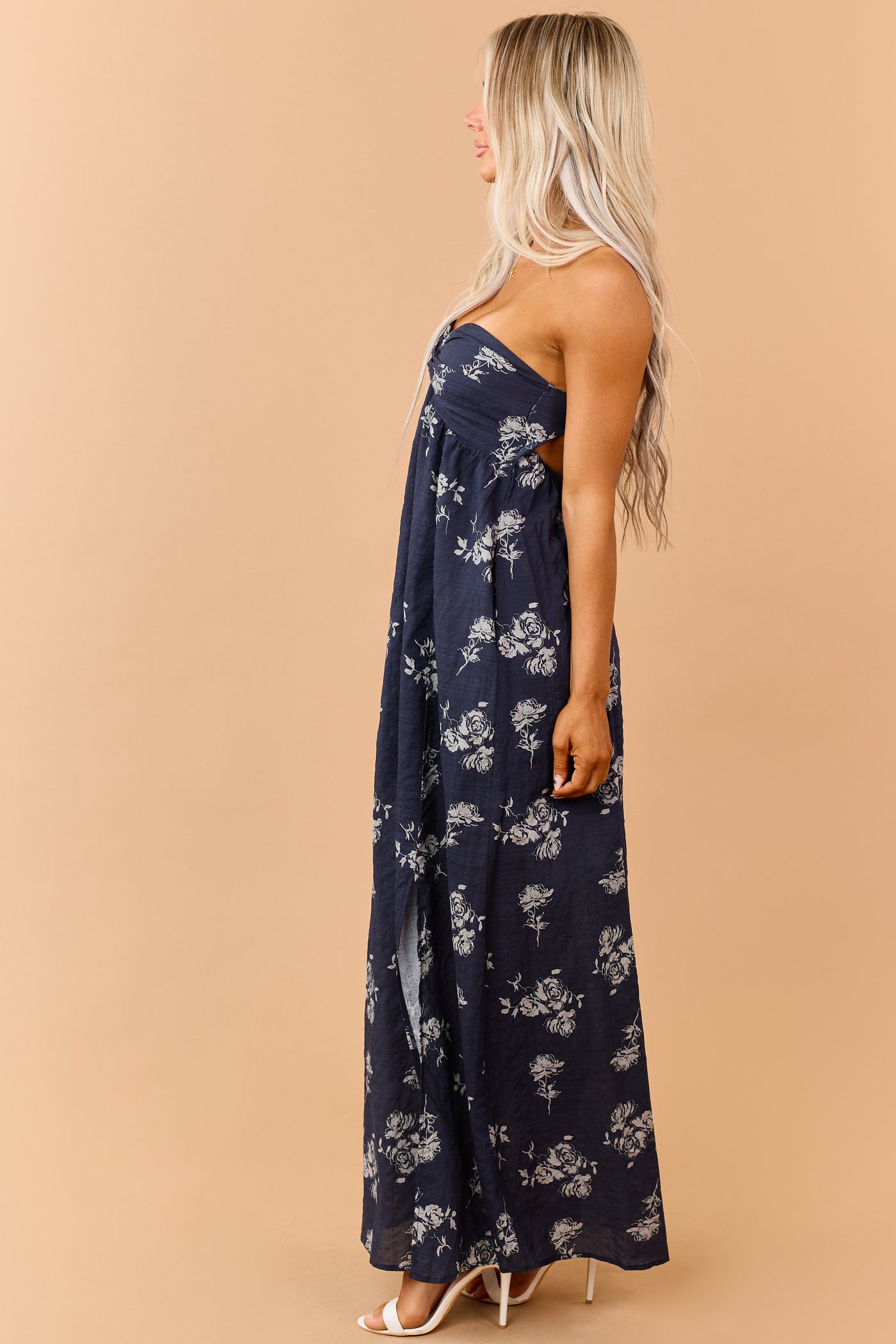 navy strapless maxi dress Navy Rose Print Twist Bust Strapless Maxi Dress