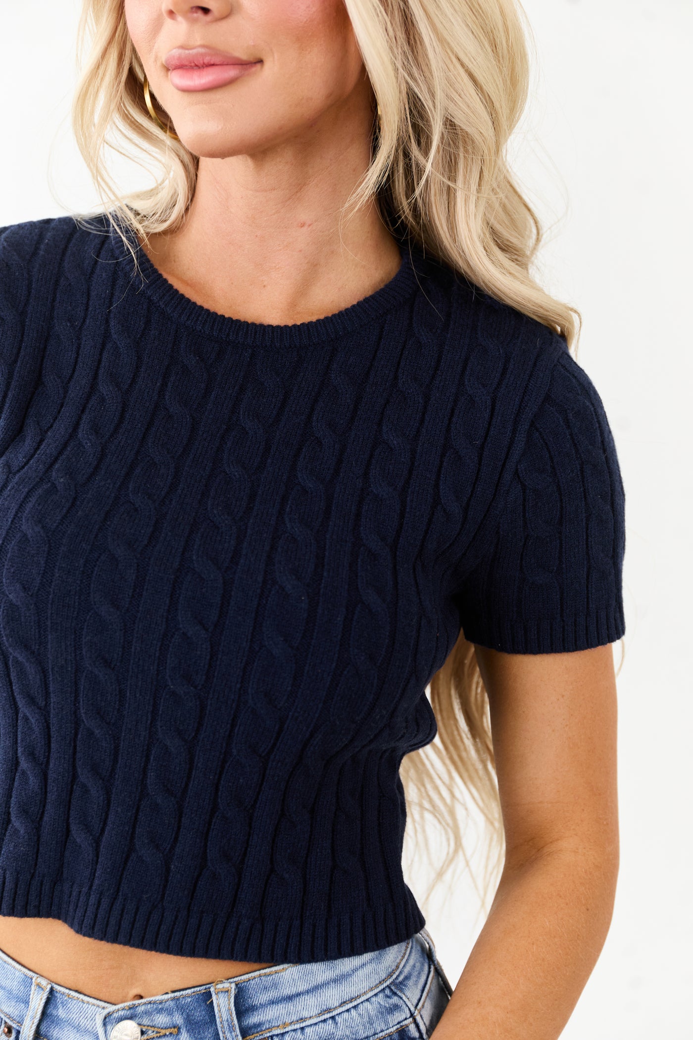 Navy Round Neck Short Sleeve Cable Knit Top