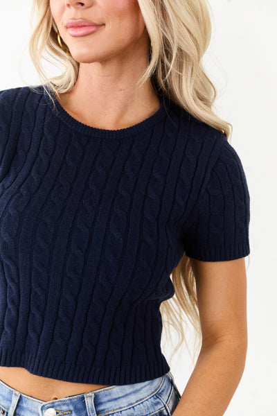 Navy Round Neck Short Sleeve Cable Knit Top