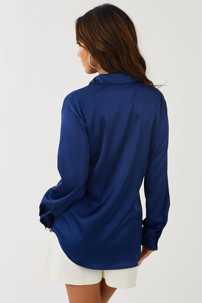 Navy Satin Button Front Collared Shirt
