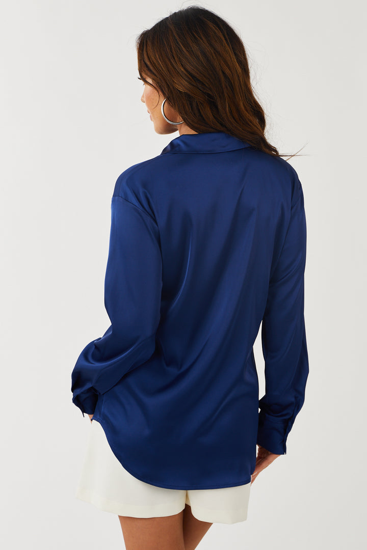 Navy Satin Button Front Collared Shirt