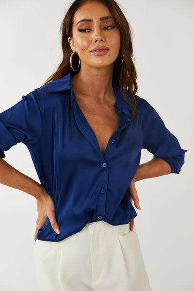 Navy Satin Button Front Collared Shirt