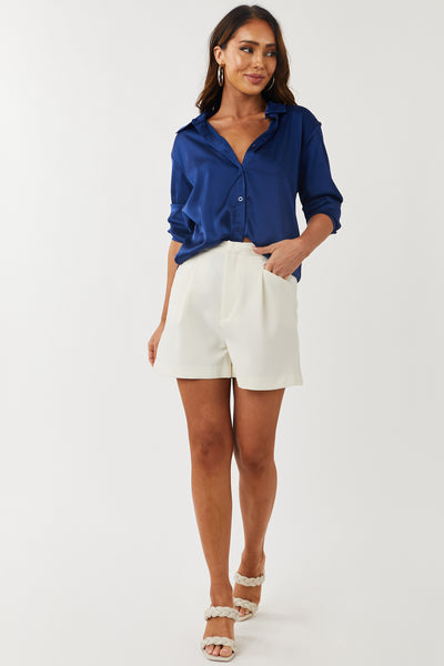 Navy Satin Button Front Collared Shirt