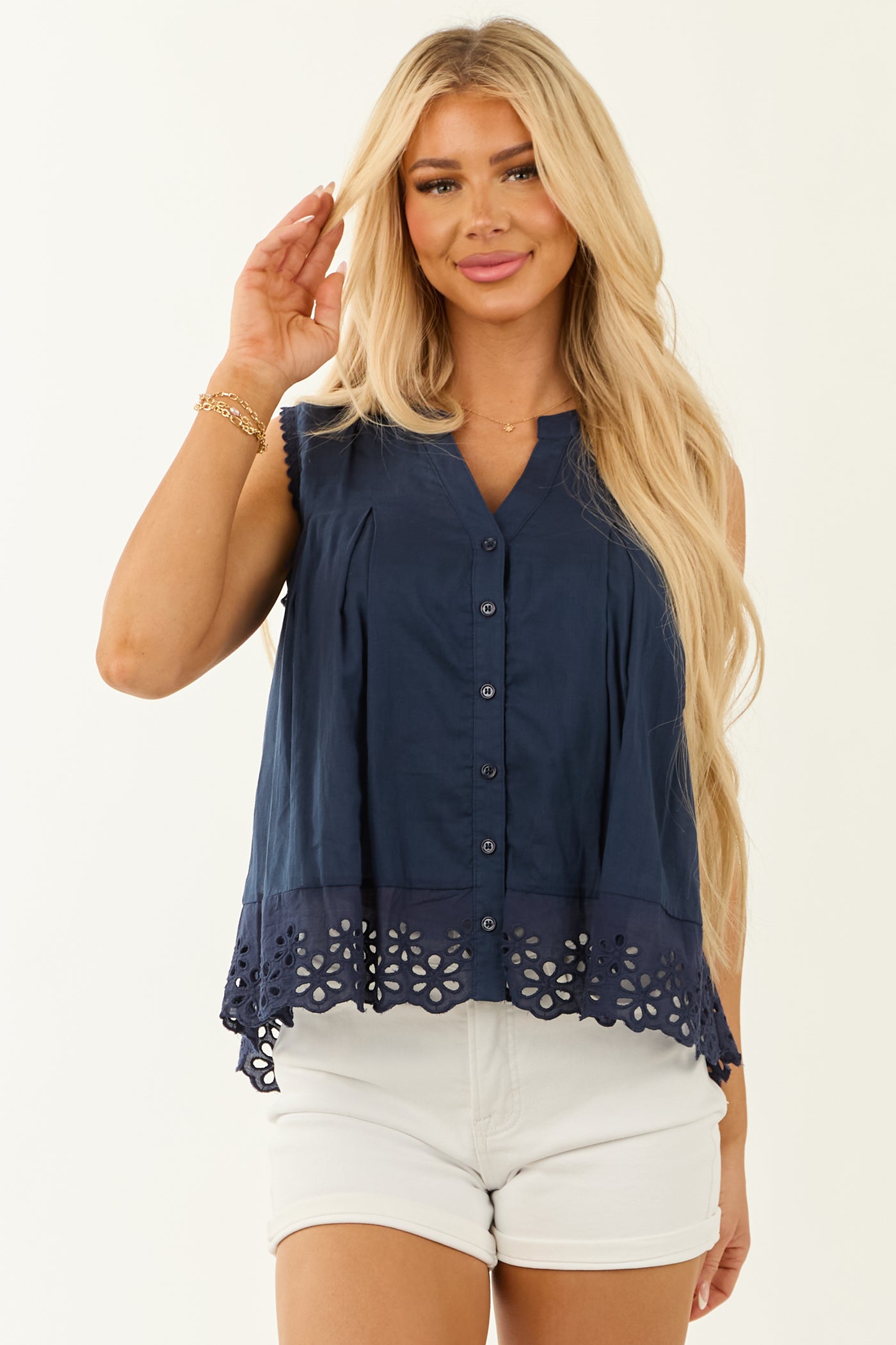 Navy Scalloped Eyelet Lace Button Down Tank Top