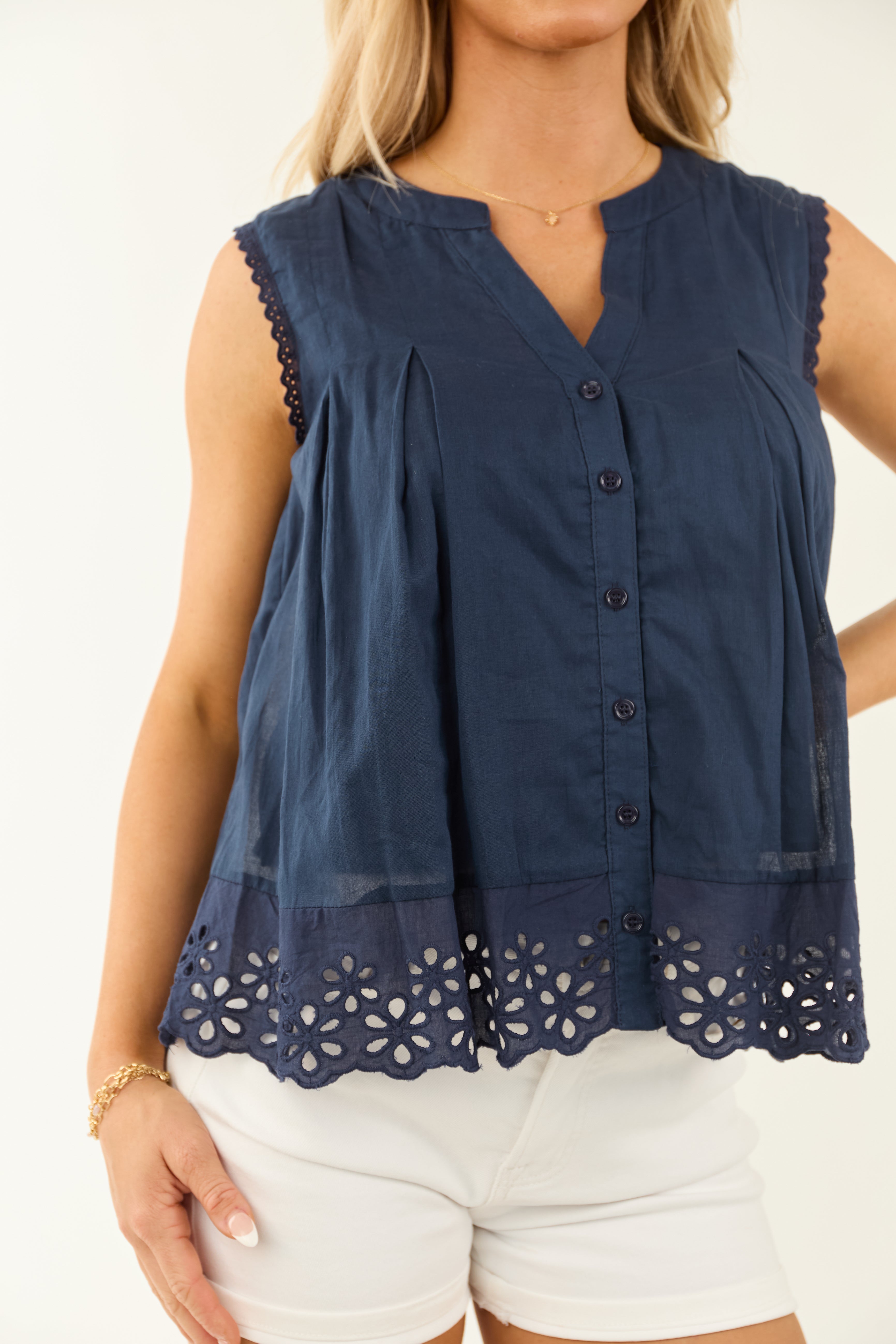 Navy Scalloped Eyelet Lace Button Down Tank Top