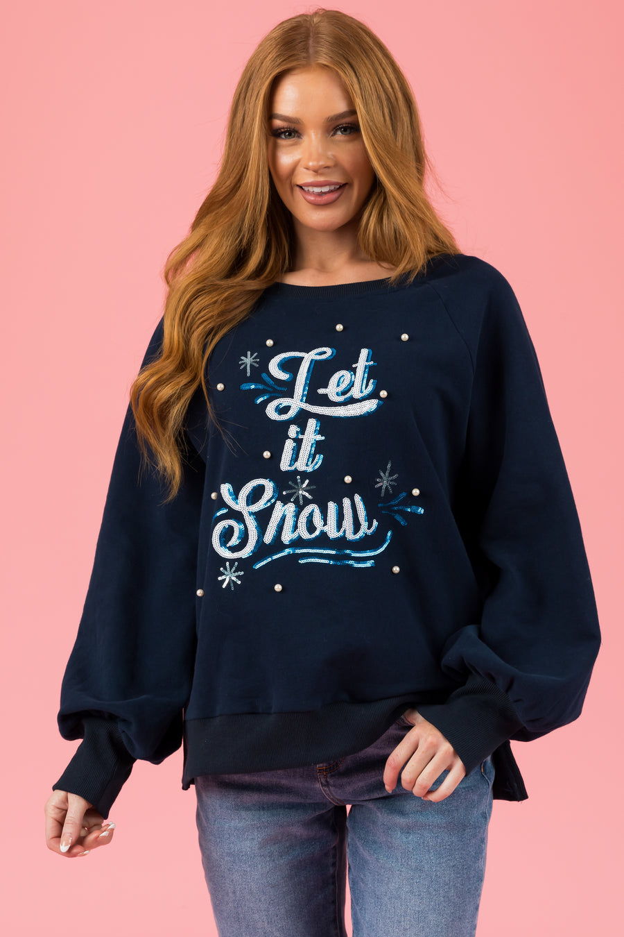 Navy Sequined 'Let It Snow' Raglan Sweatshirt