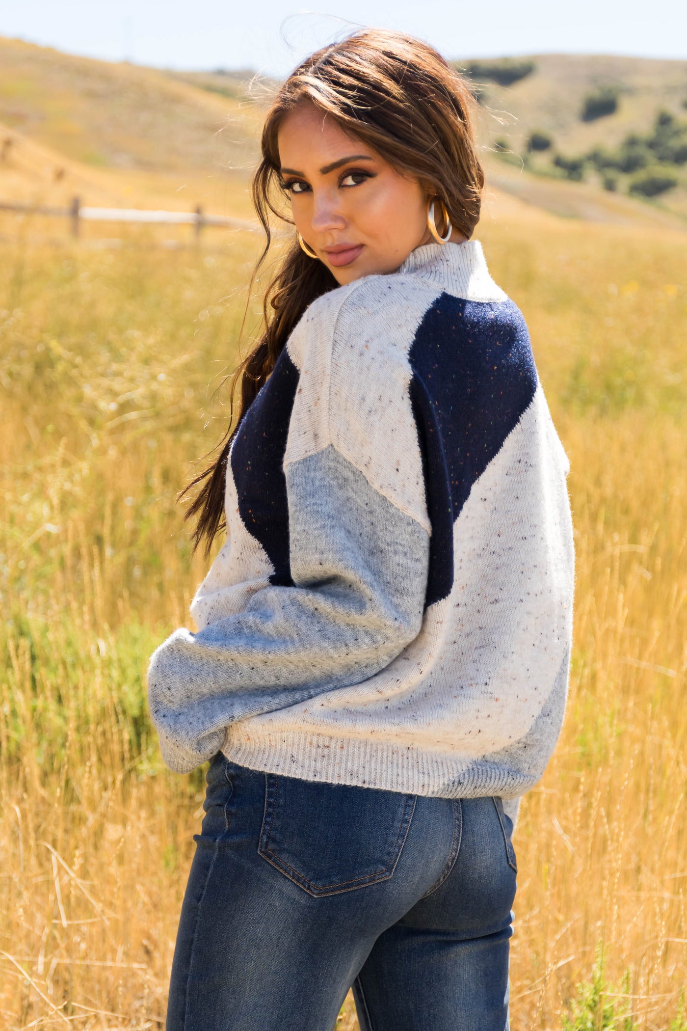 Navy Speckled Colorblock High Neck Knit Sweater