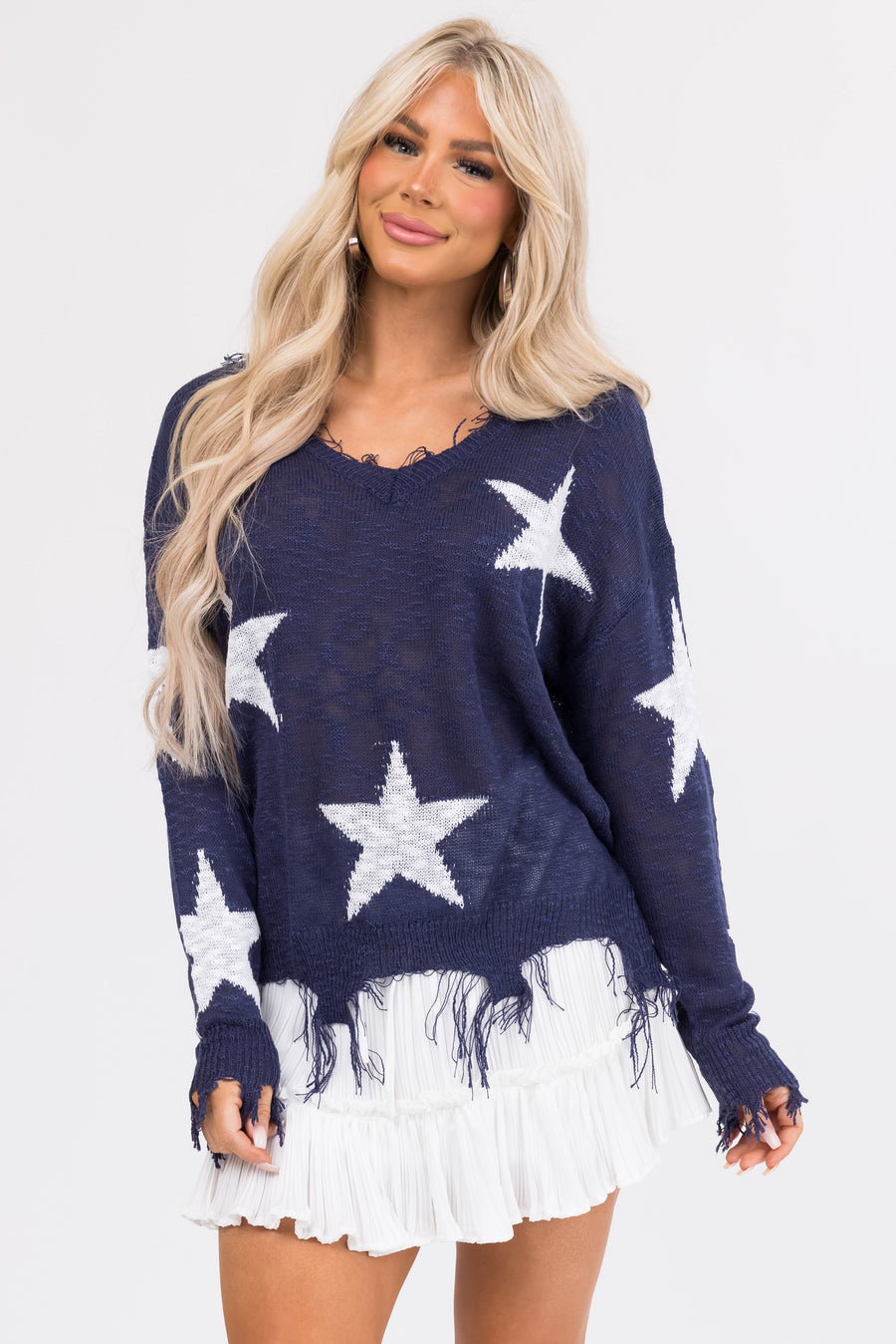 Navy Star Print Distressed Lightweight Sweater