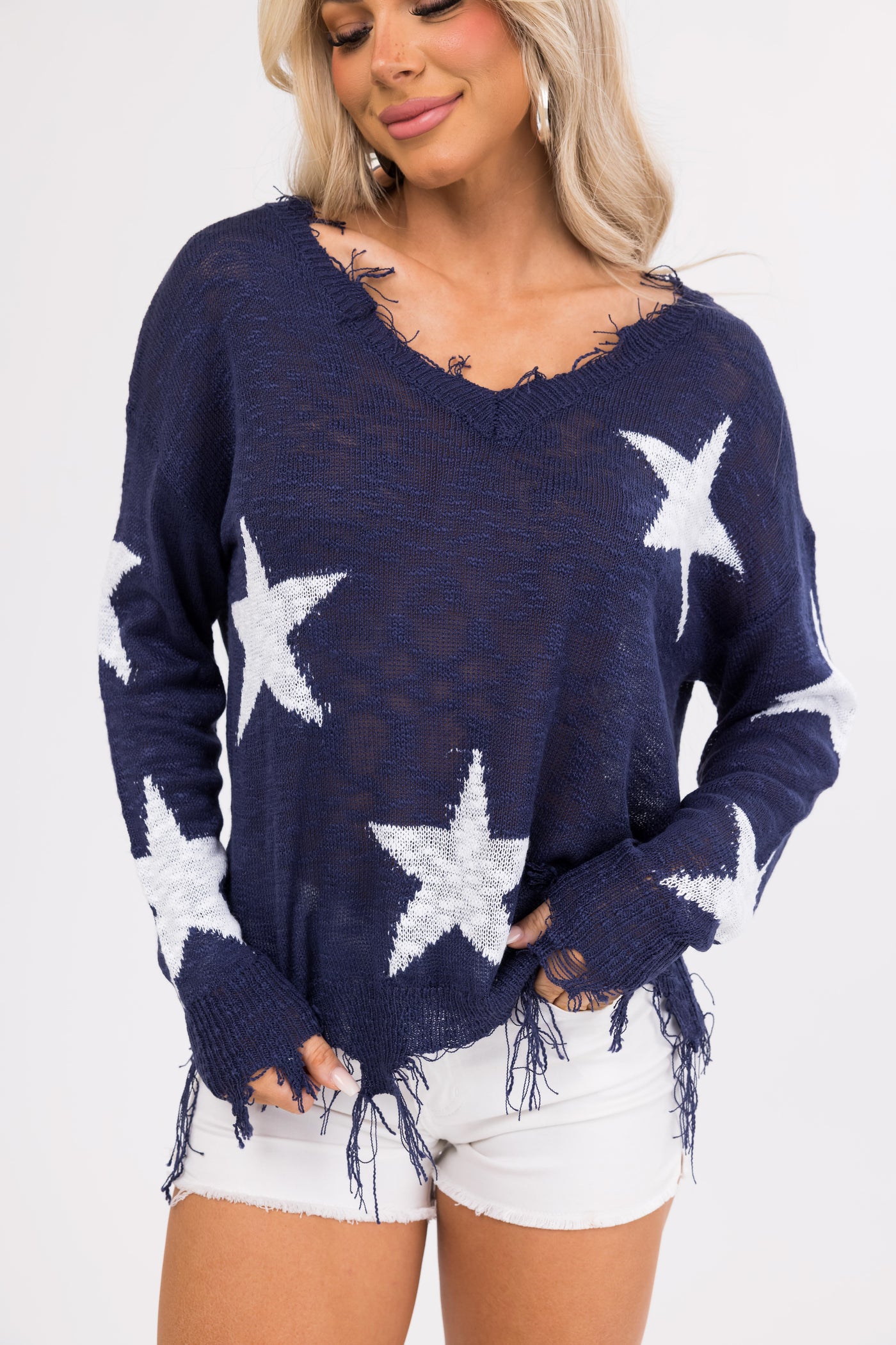 Navy Star Print Distressed Lightweight Sweater