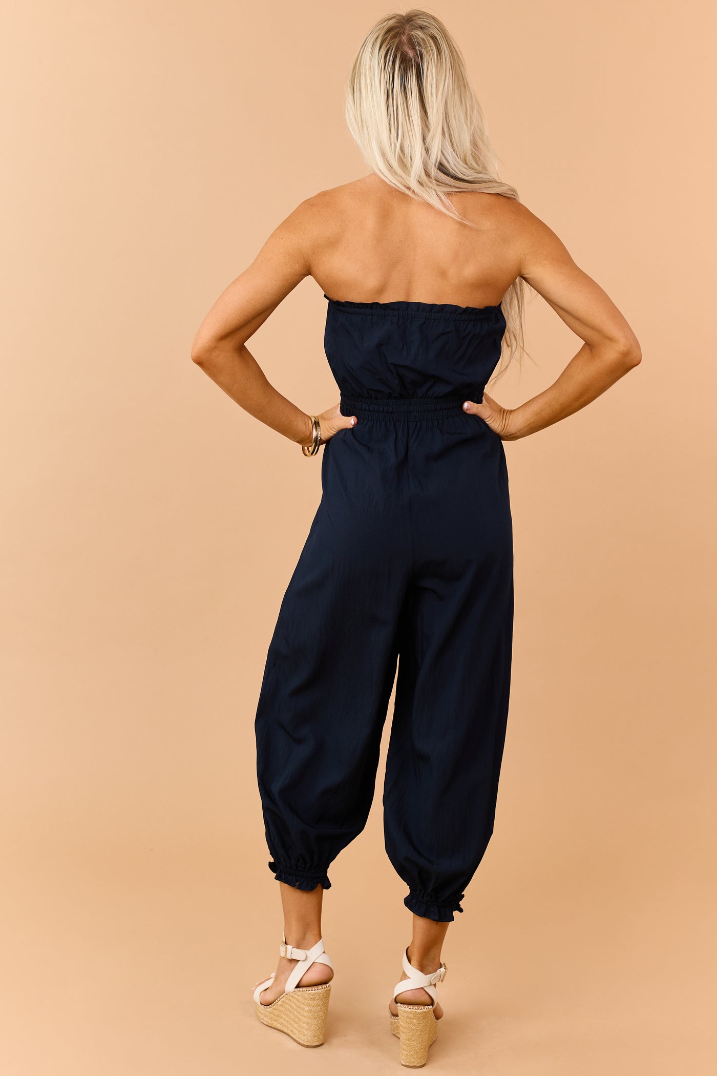 Navy Strapless Balloon Leg Ruffle Trim Jumpsuit