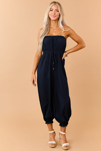 Navy Strapless Balloon Leg Ruffle Trim Jumpsuit