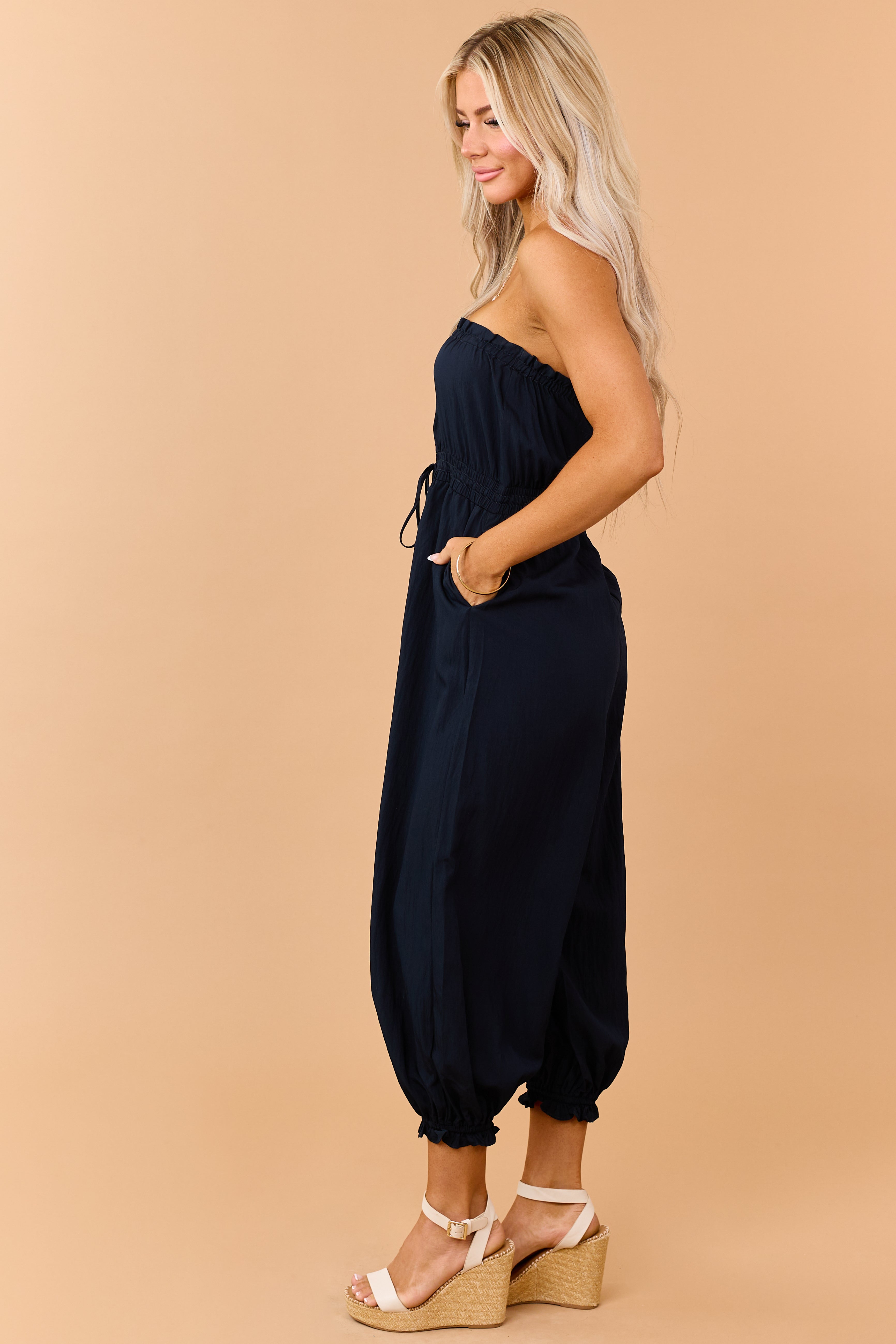 Navy Strapless Balloon Leg Ruffle Trim Jumpsuit