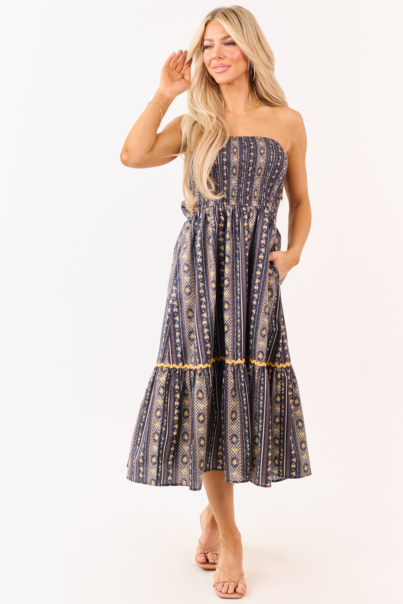 Navy Strapless Vintage Floral Cotton Midi Dress