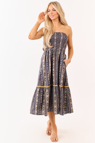 Navy Strapless Vintage Floral Cotton Midi Dress