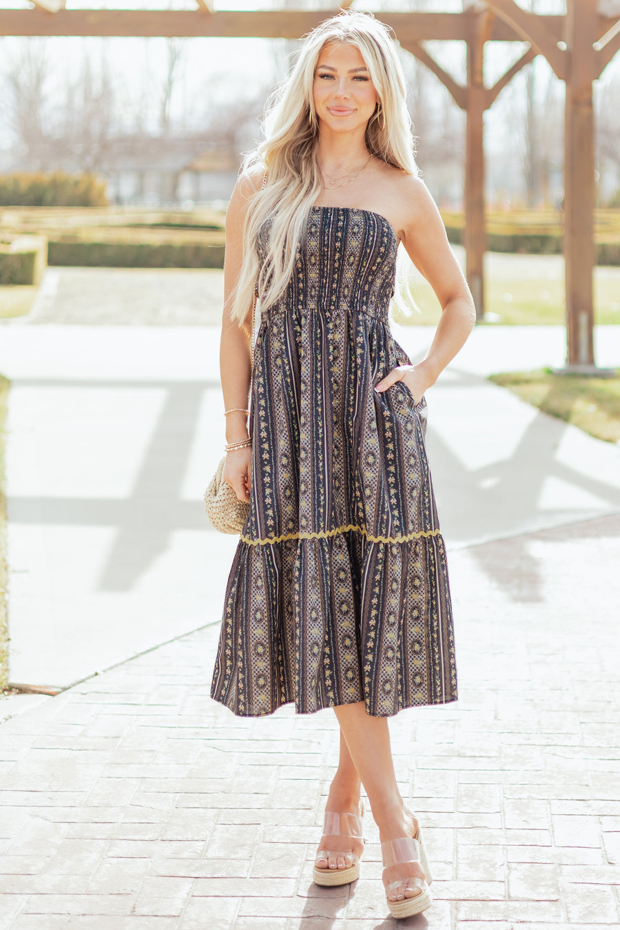 Navy Strapless Vintage Floral Cotton Midi Dress