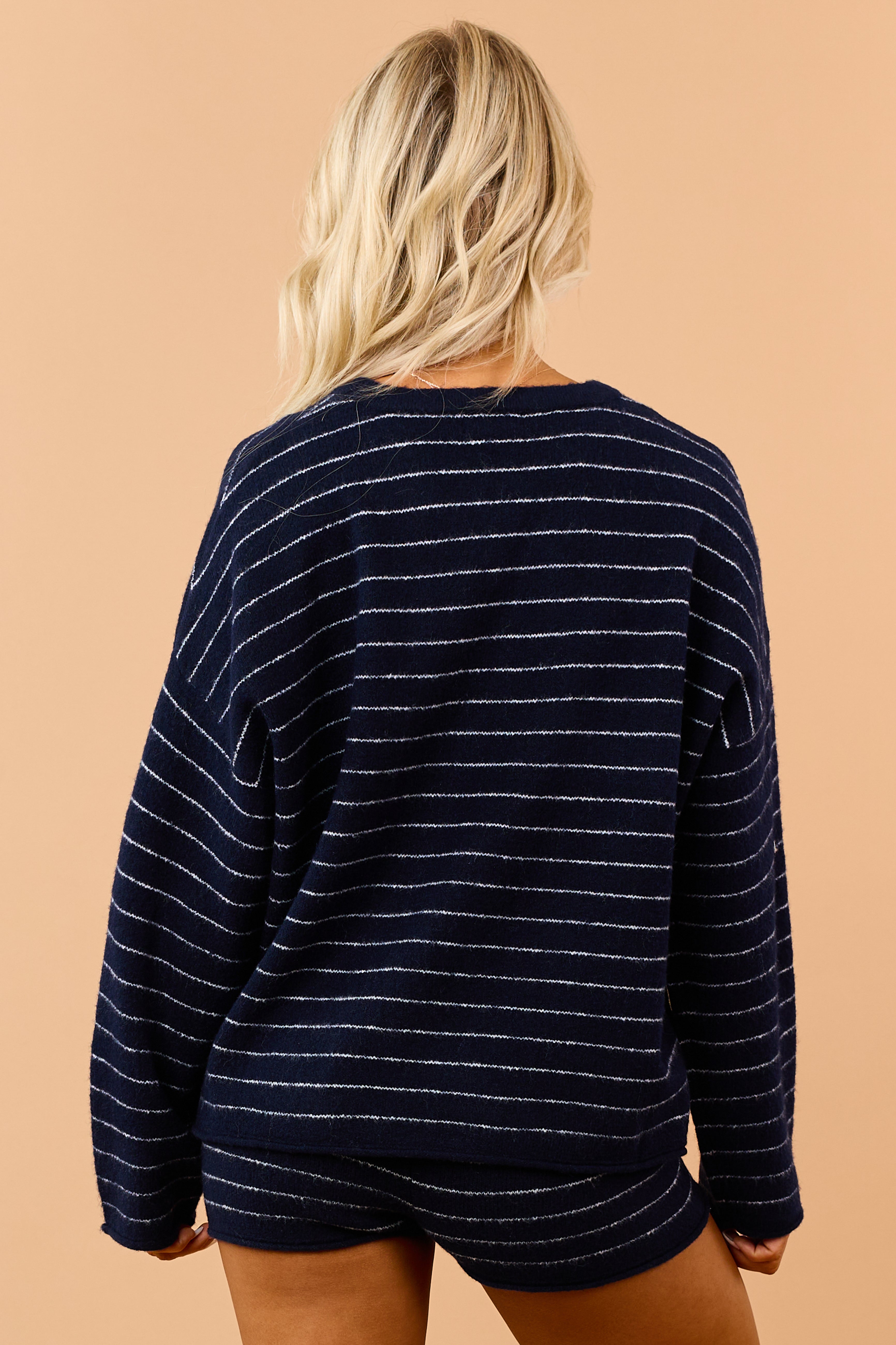 Navy Striped Brushed Knit Relaxed Sweater