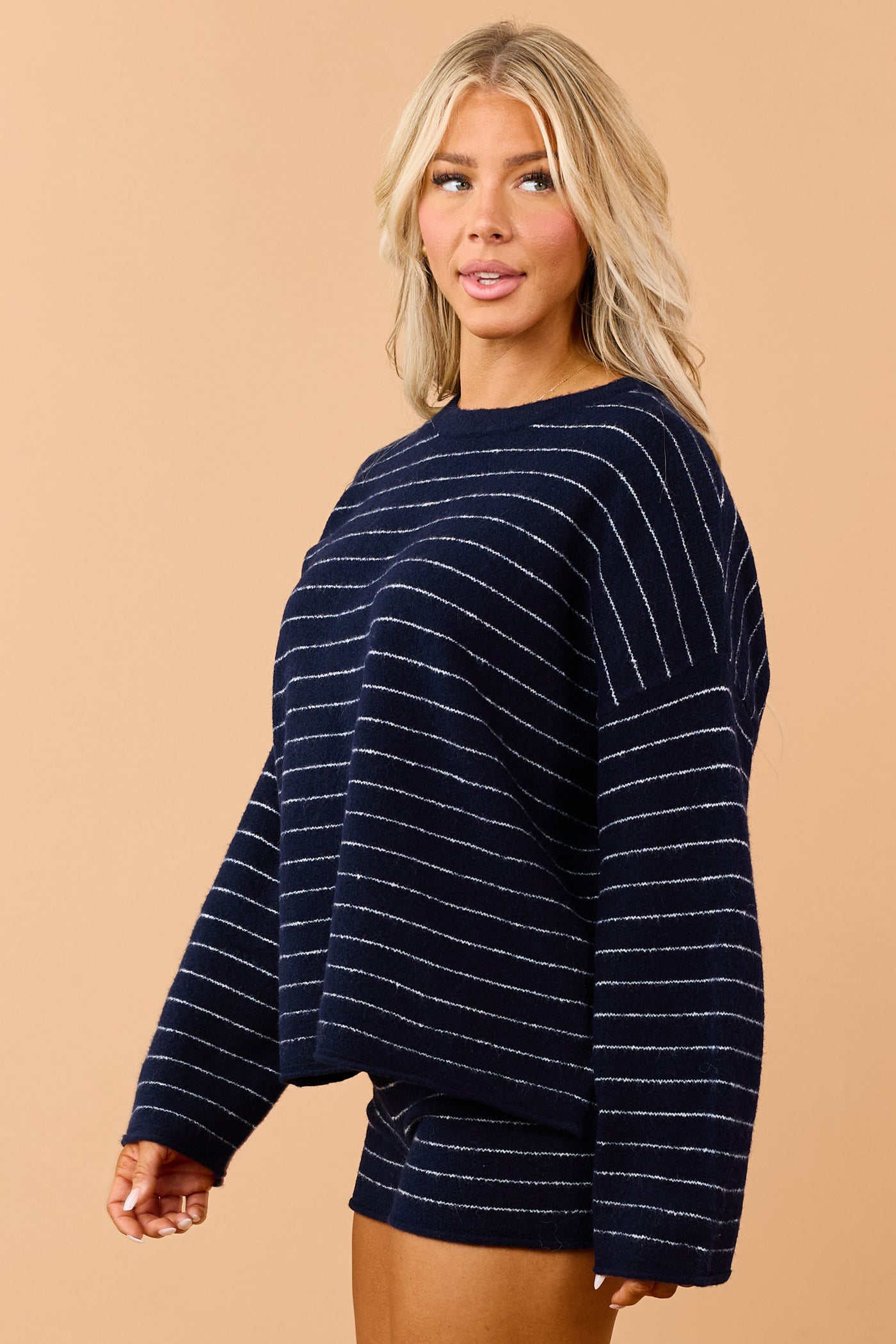 Navy Striped Brushed Knit Relaxed Sweater