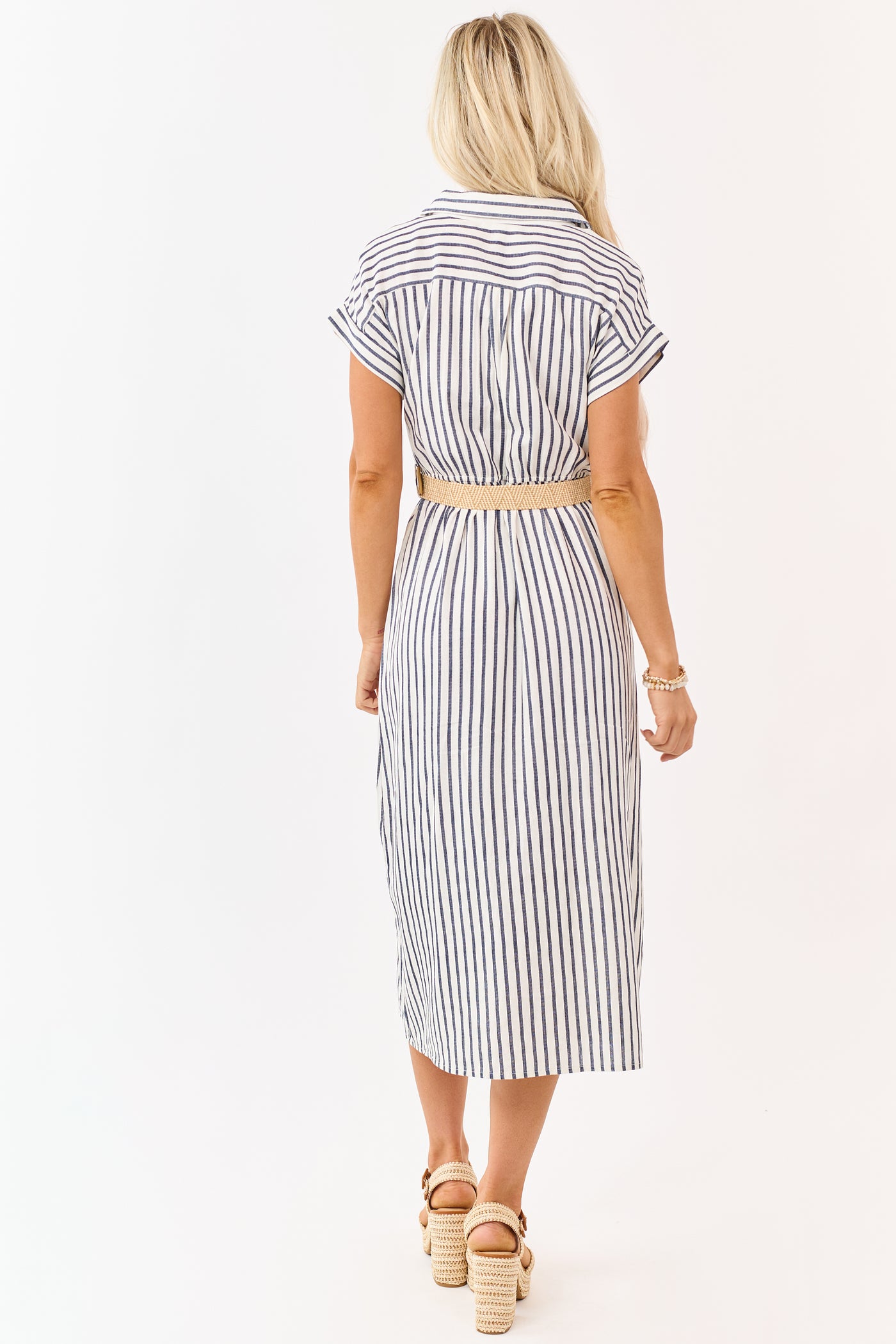 Navy Striped Button Down Midi Dress with Belt