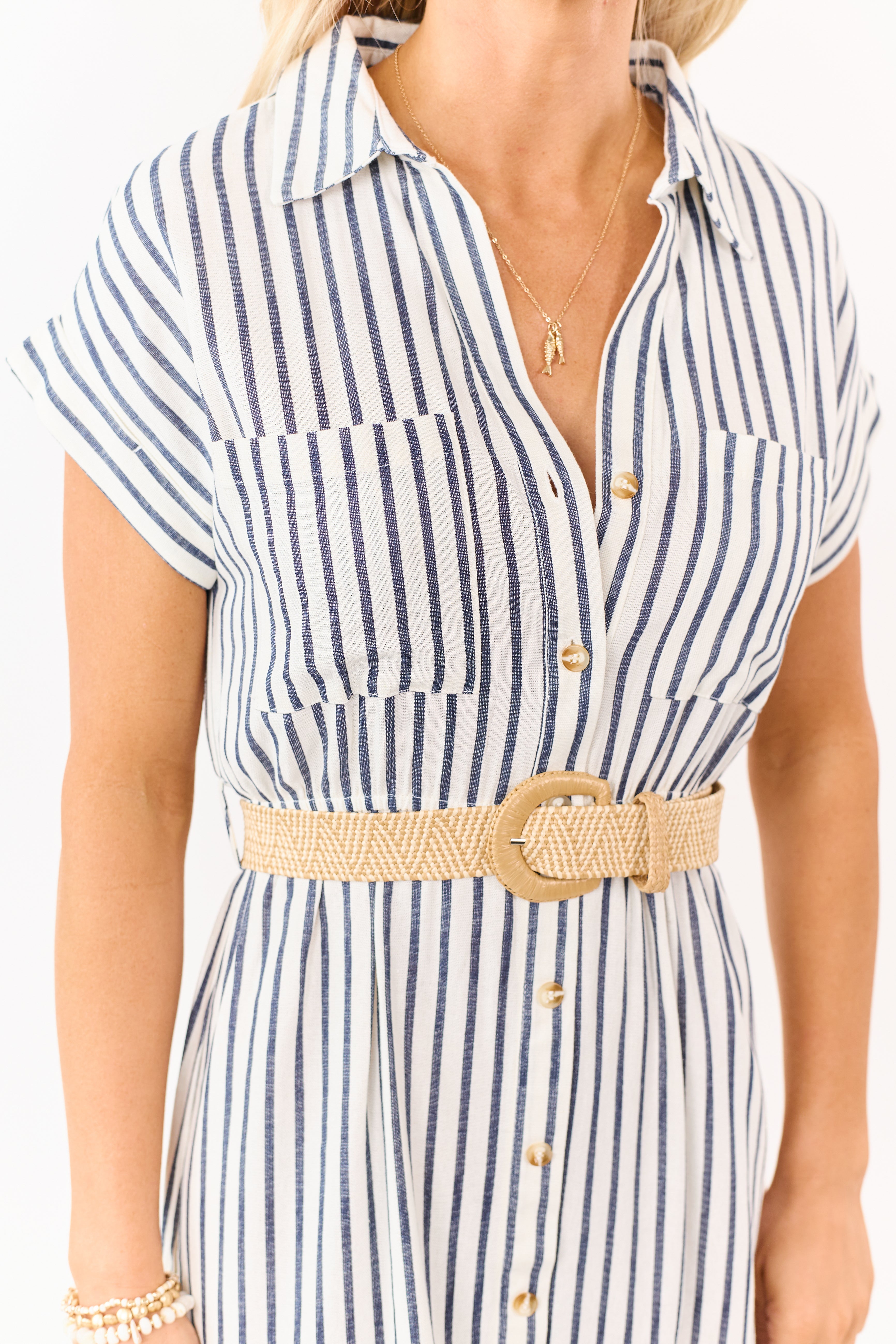 Navy Striped Button Down Midi Dress with Belt