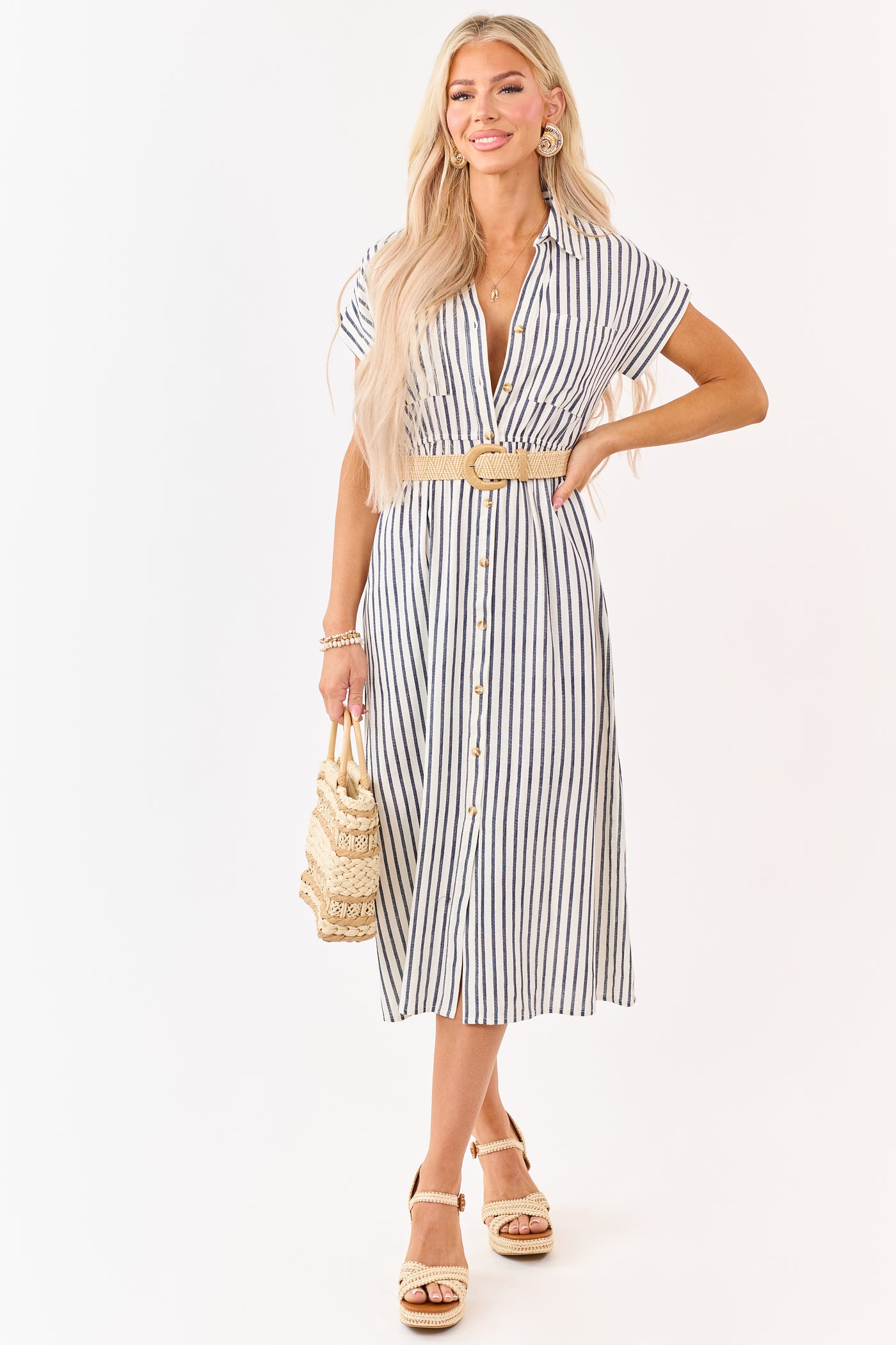 knee length dresses for ladies Navy Striped Button Down Midi Dress with Belt