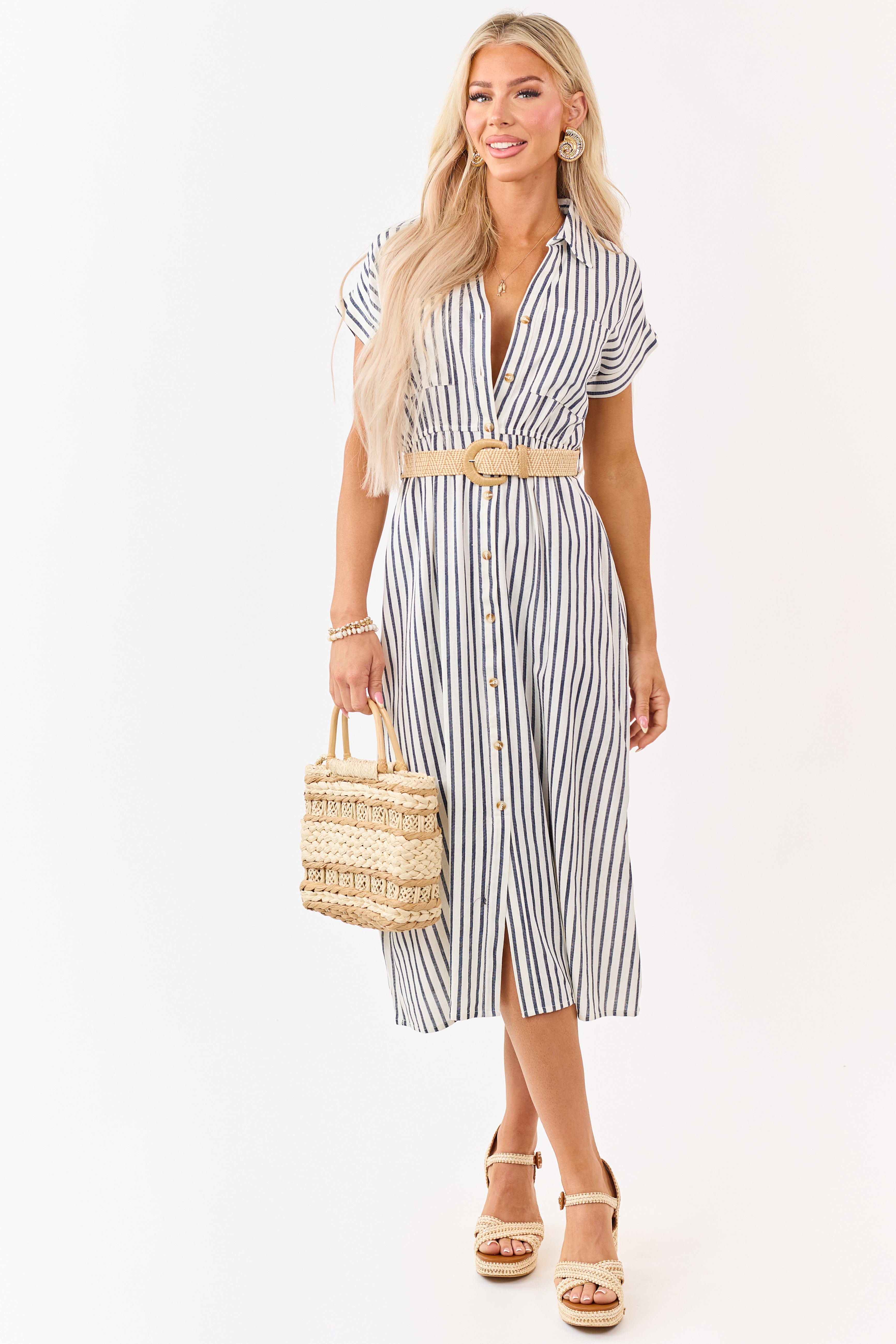 Navy Striped Button Down Midi Dress with Belt