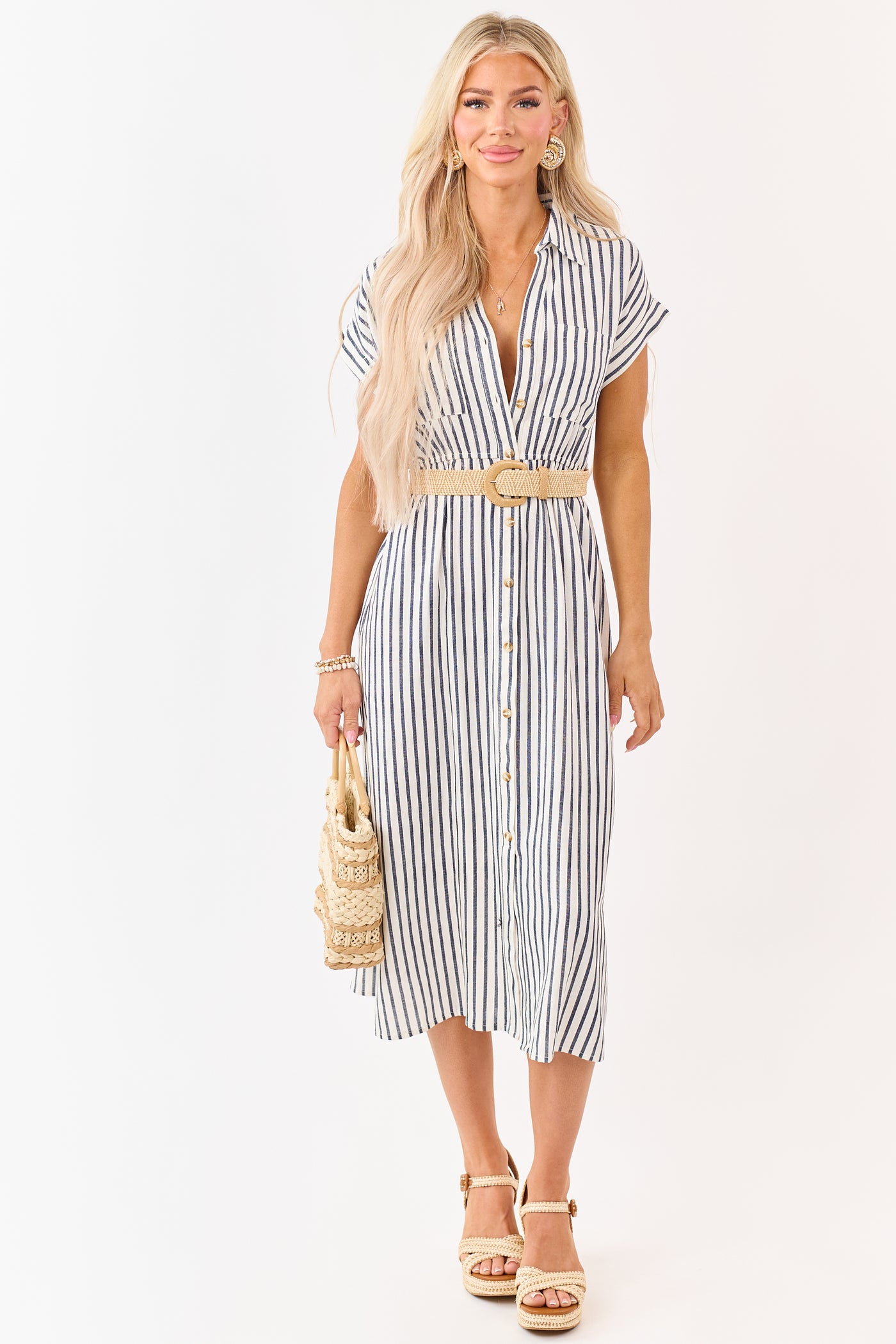 striped button down midi dress Navy Striped Button Down Midi Dress with Belt
