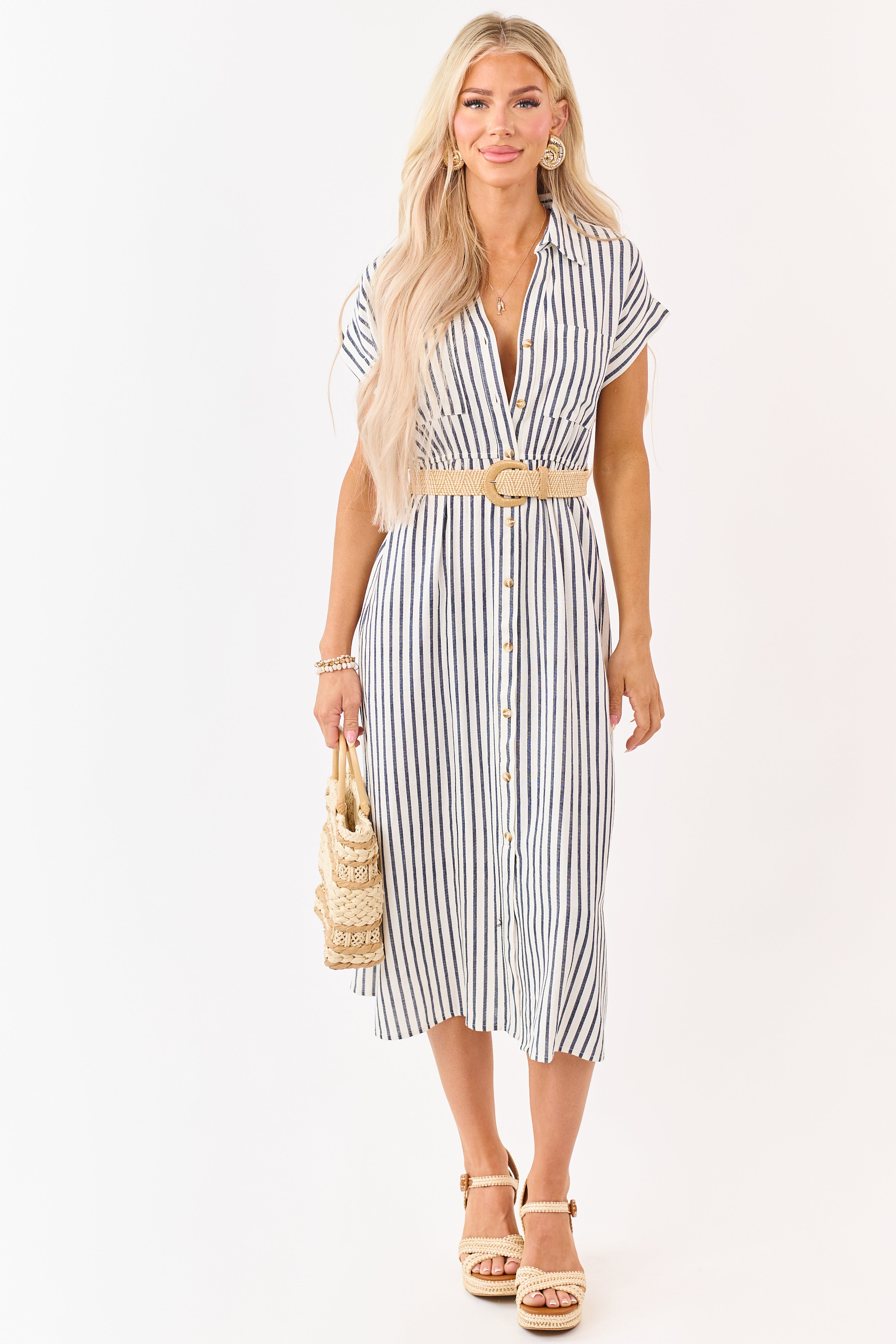 Navy Striped Button Down Midi Dress with Belt